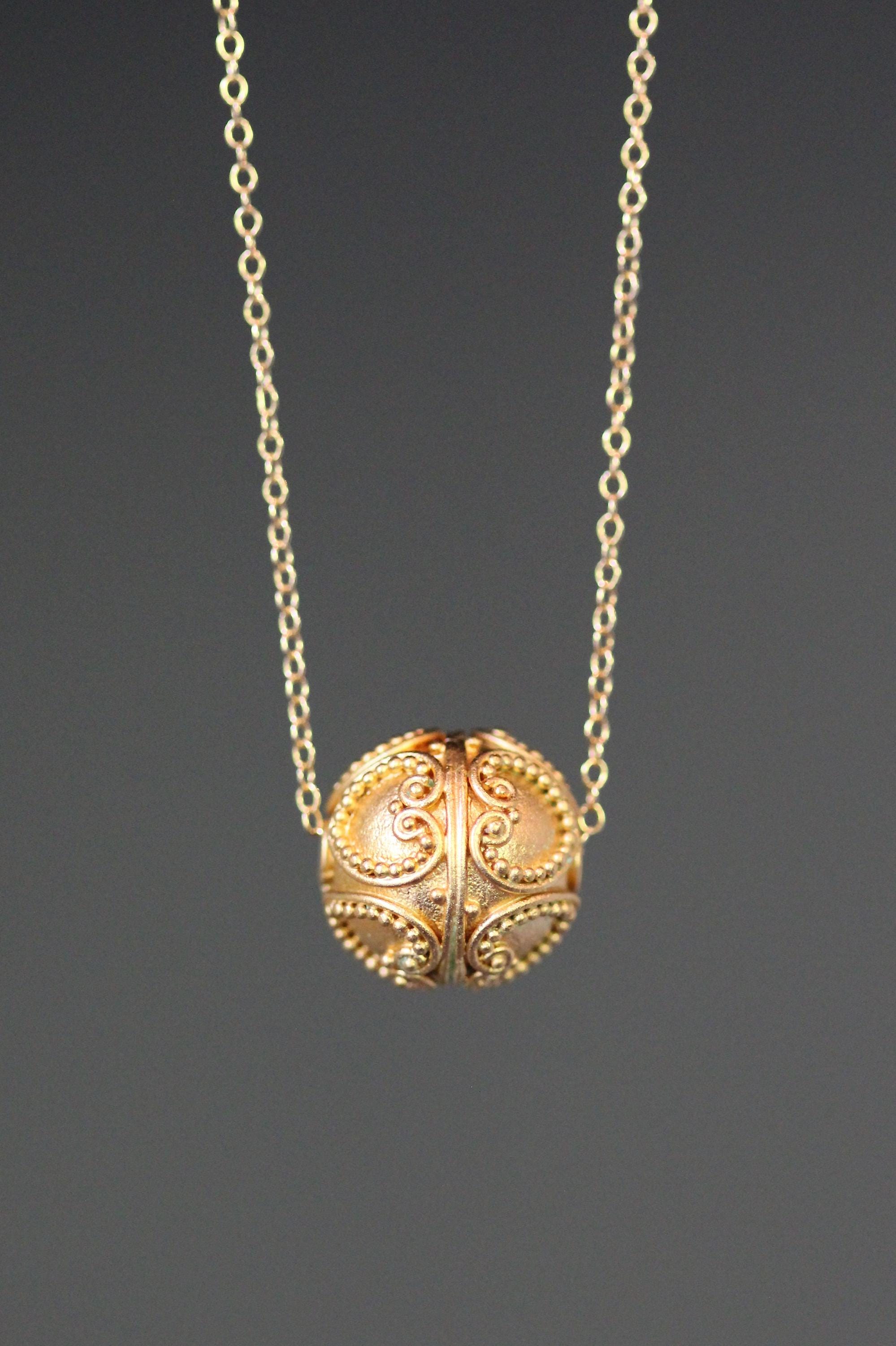 Matte Gold Vermeil Filigree Bead Pendant Necklace on a Gold Filled Chain