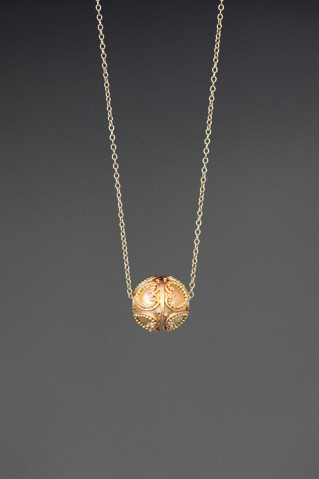 Matte Gold Vermeil Filigree Bead Pendant Necklace on a Gold Filled Chain