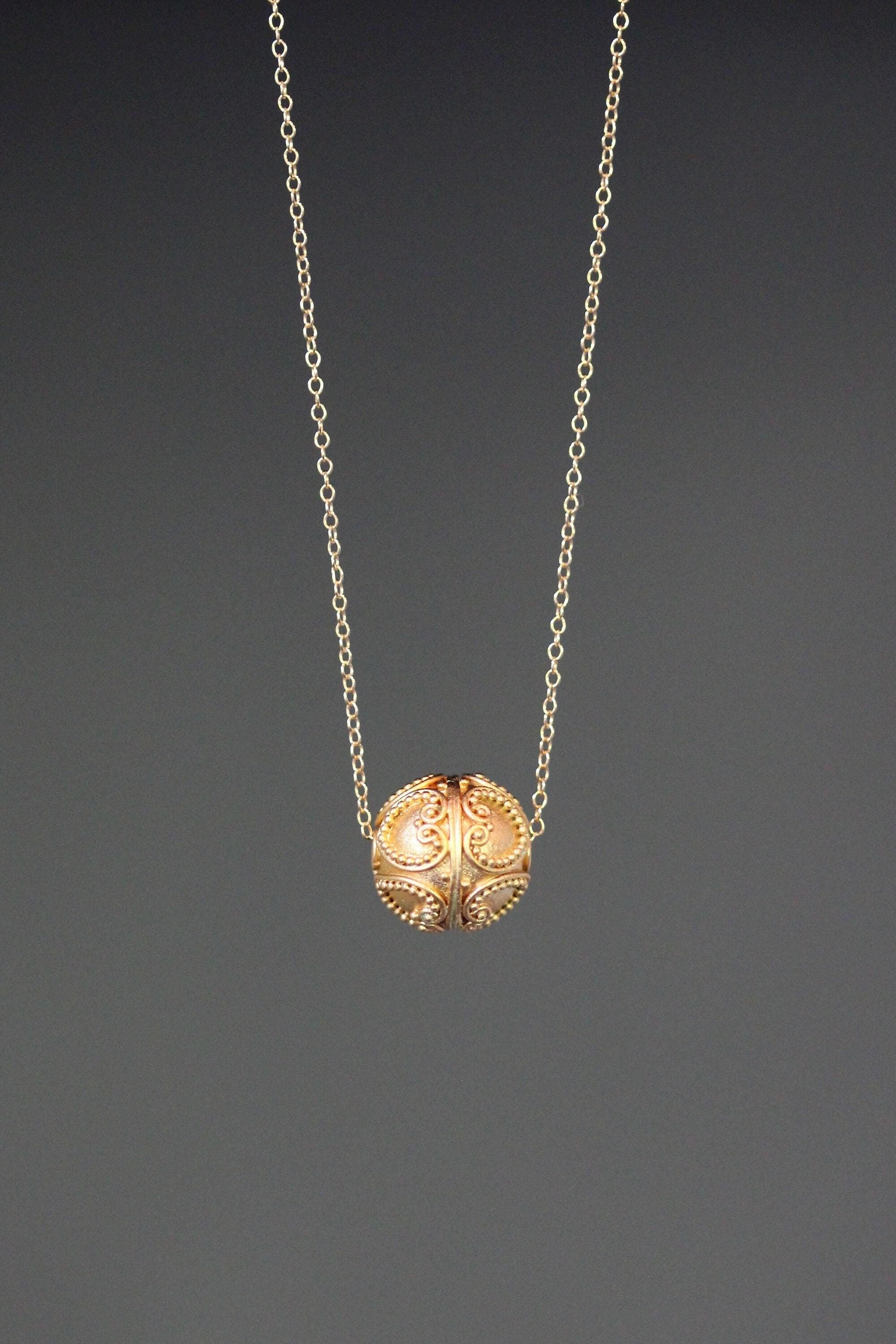 Matte Gold Vermeil Filigree Bead Pendant Necklace on a Gold Filled Chain