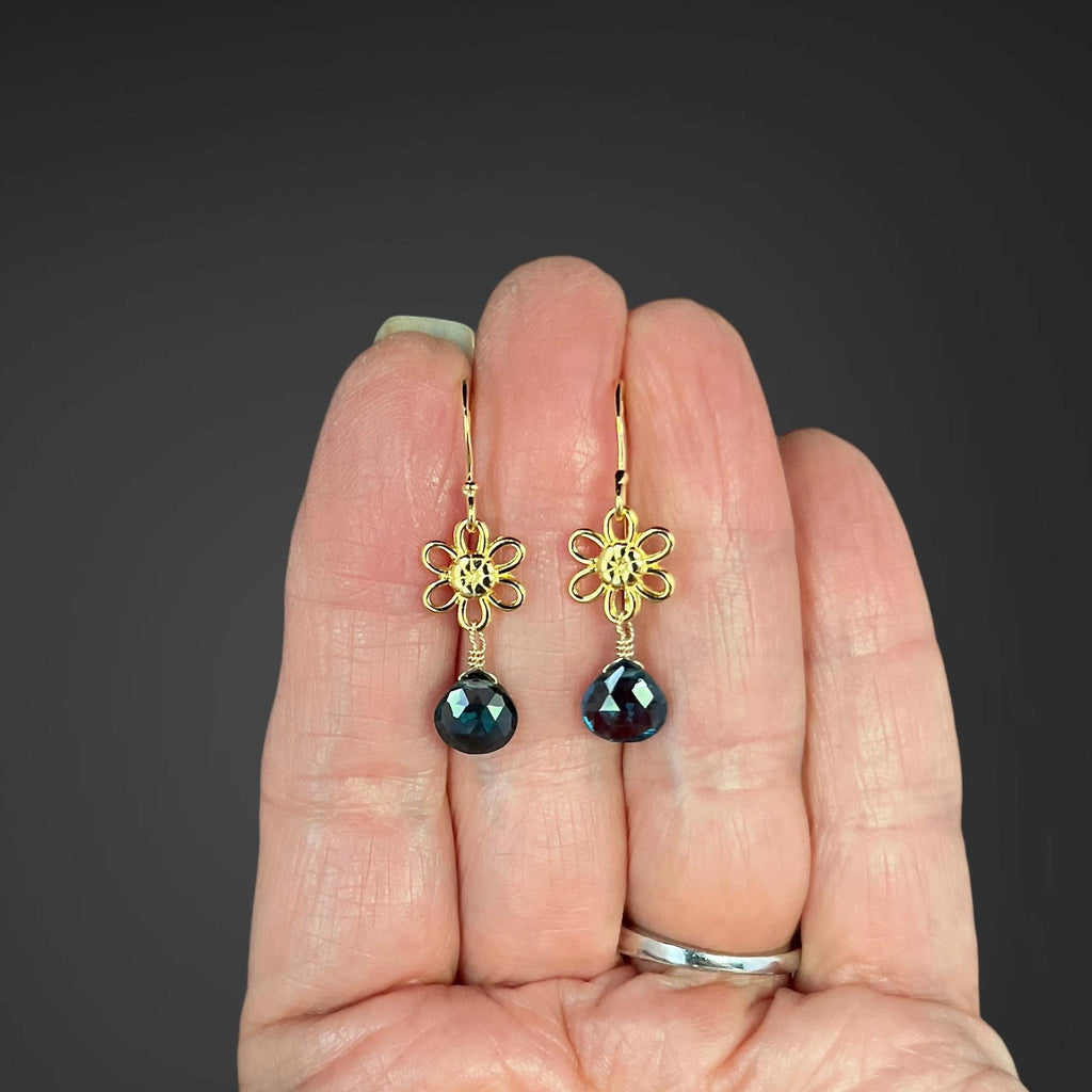London Blue Topaz Teardrop Earrings on Gold Vermeil Flower Links