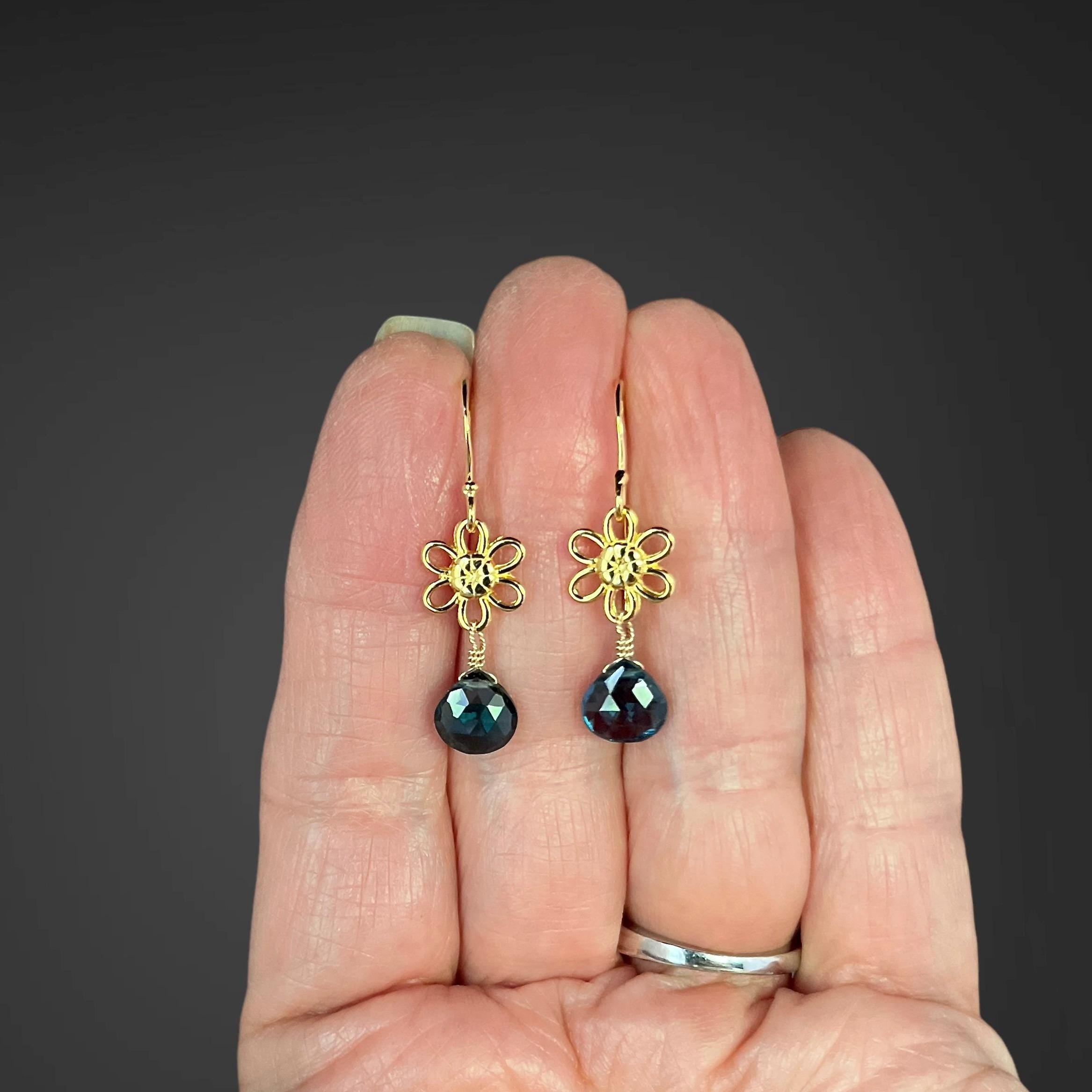 London Blue Topaz Teardrop Earrings on Gold Vermeil Flower Links