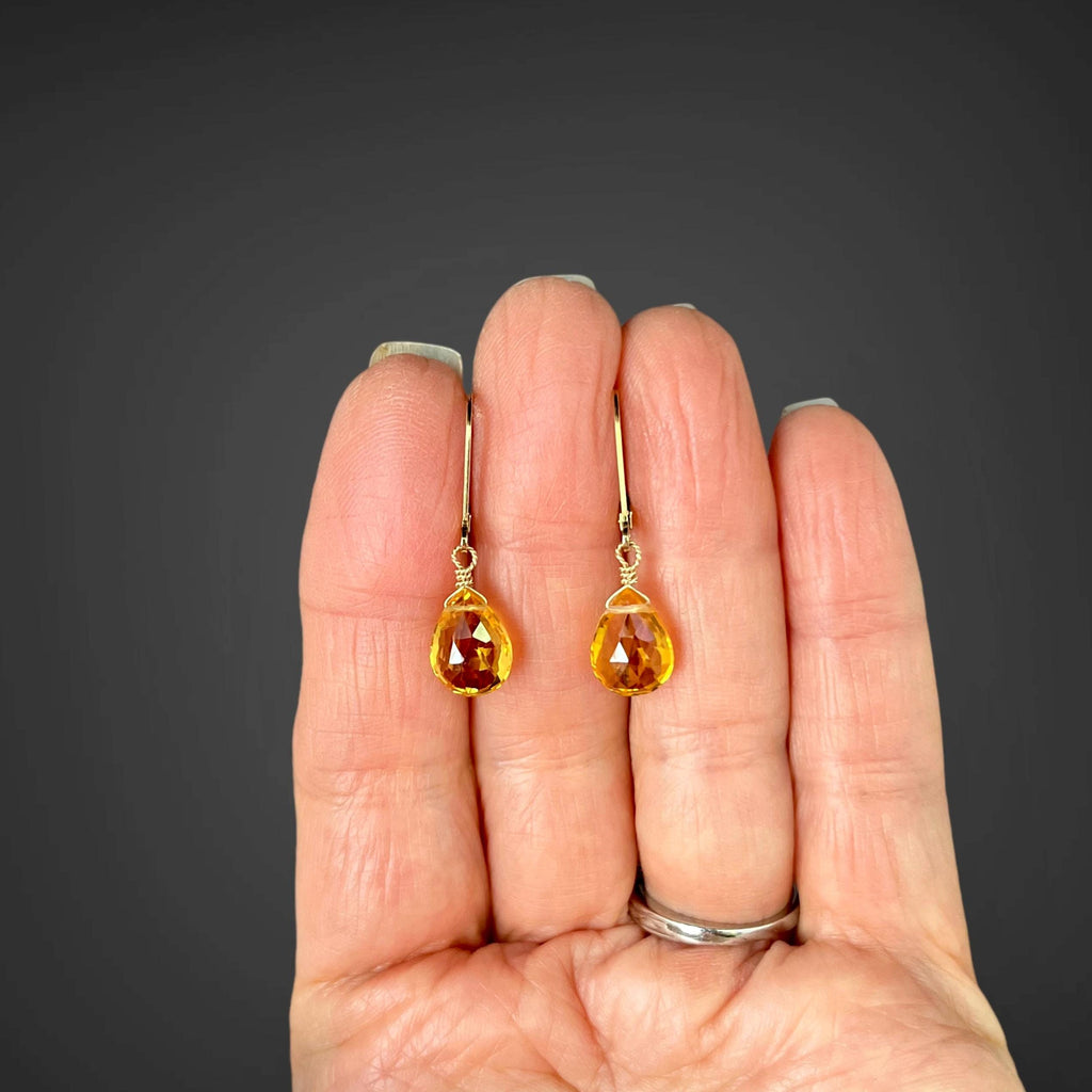 Citrine Quartz Teardrop Dangle Earrings in Gold Filled with Leverback Earwires