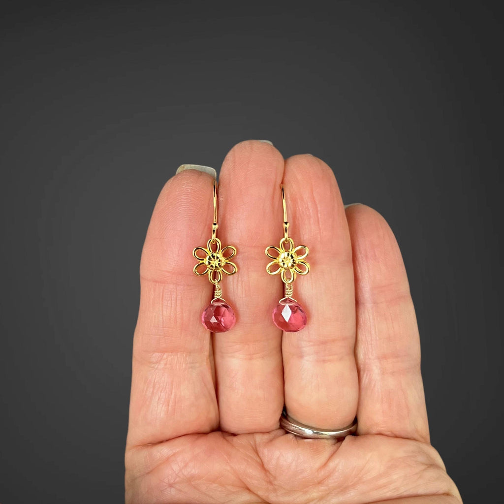 Hot Pink Quartz Teardrop Earrings on Gold Vermeil Flower Links