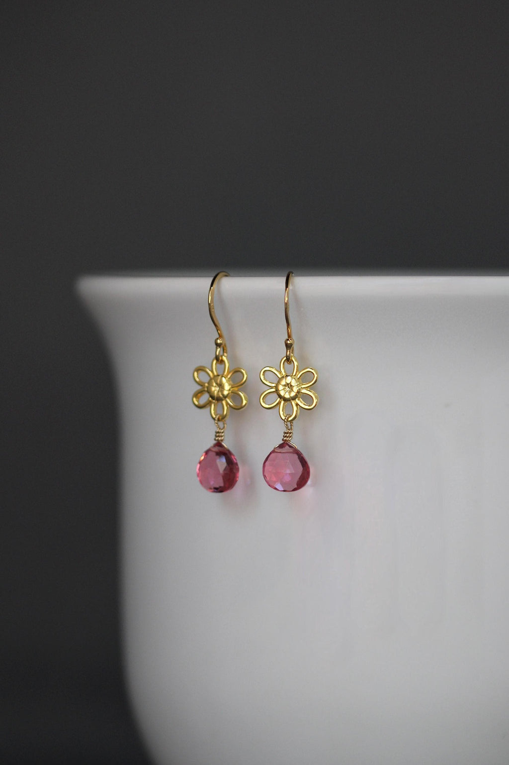 Hot Pink Quartz Teardrop Earrings on Gold Vermeil Flower Links