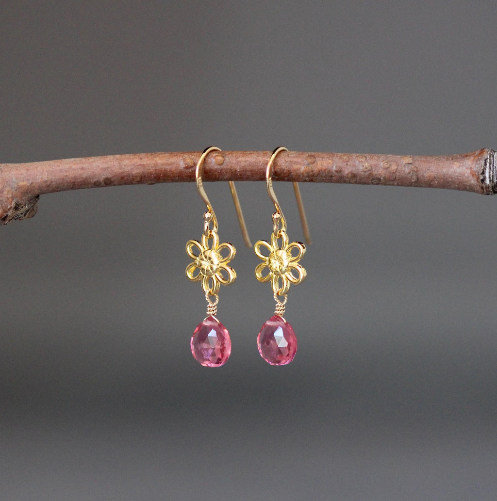 Hot Pink Quartz Teardrop Earrings on Gold Vermeil Flower Links