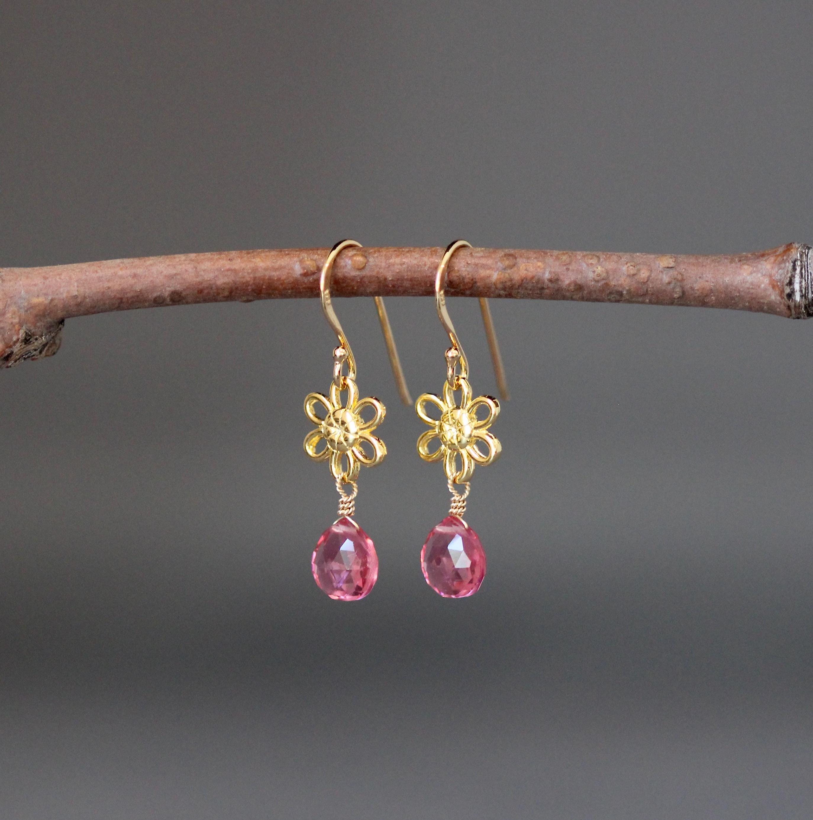 Hot Pink Quartz Teardrop Earrings on Gold Vermeil Flower Links
