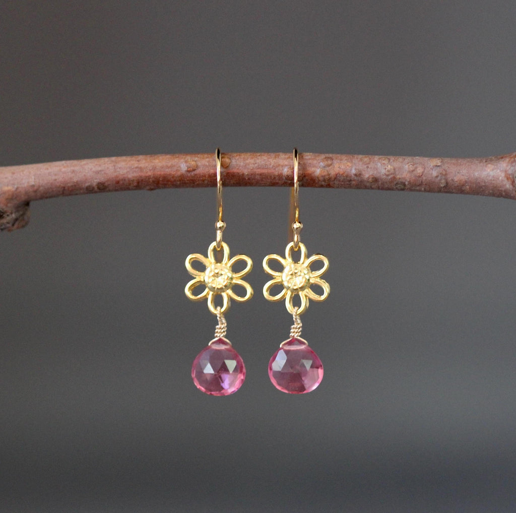 Hot Pink Quartz Teardrop Earrings on Gold Vermeil Flower Links