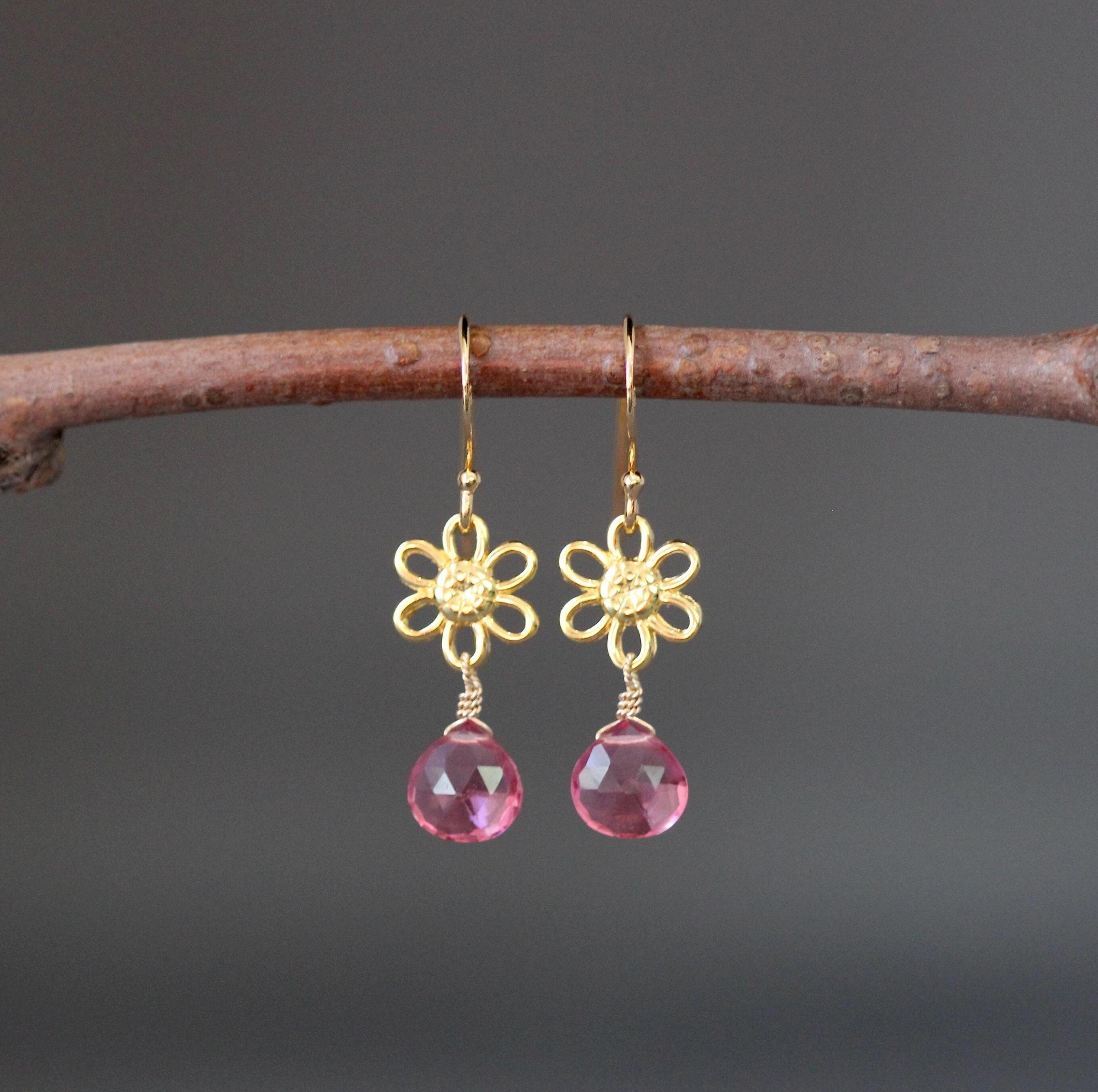 Hot Pink Quartz Teardrop Earrings on Gold Vermeil Flower Links