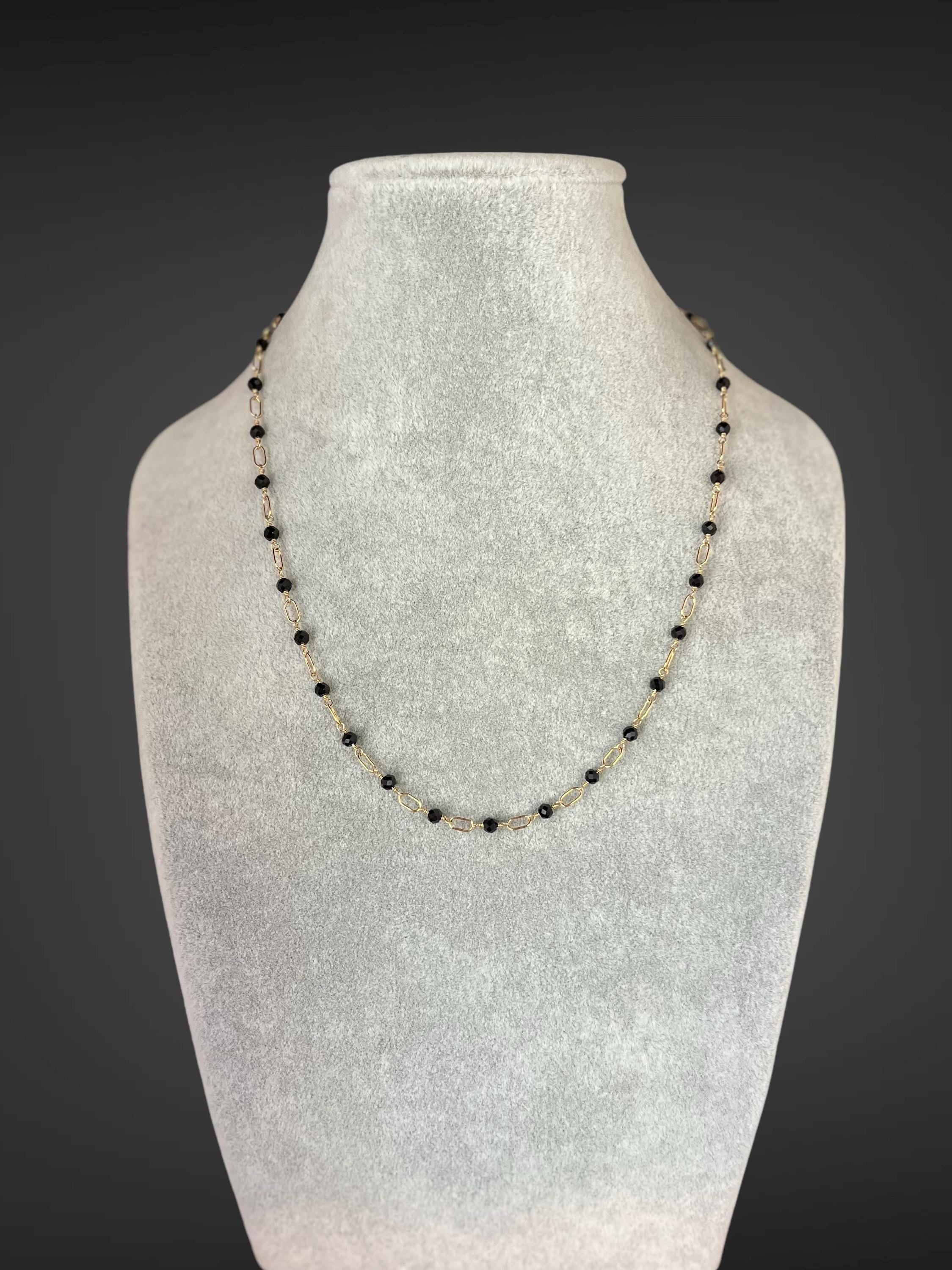 Black Spinel Station Necklace on Gold Filled Chain