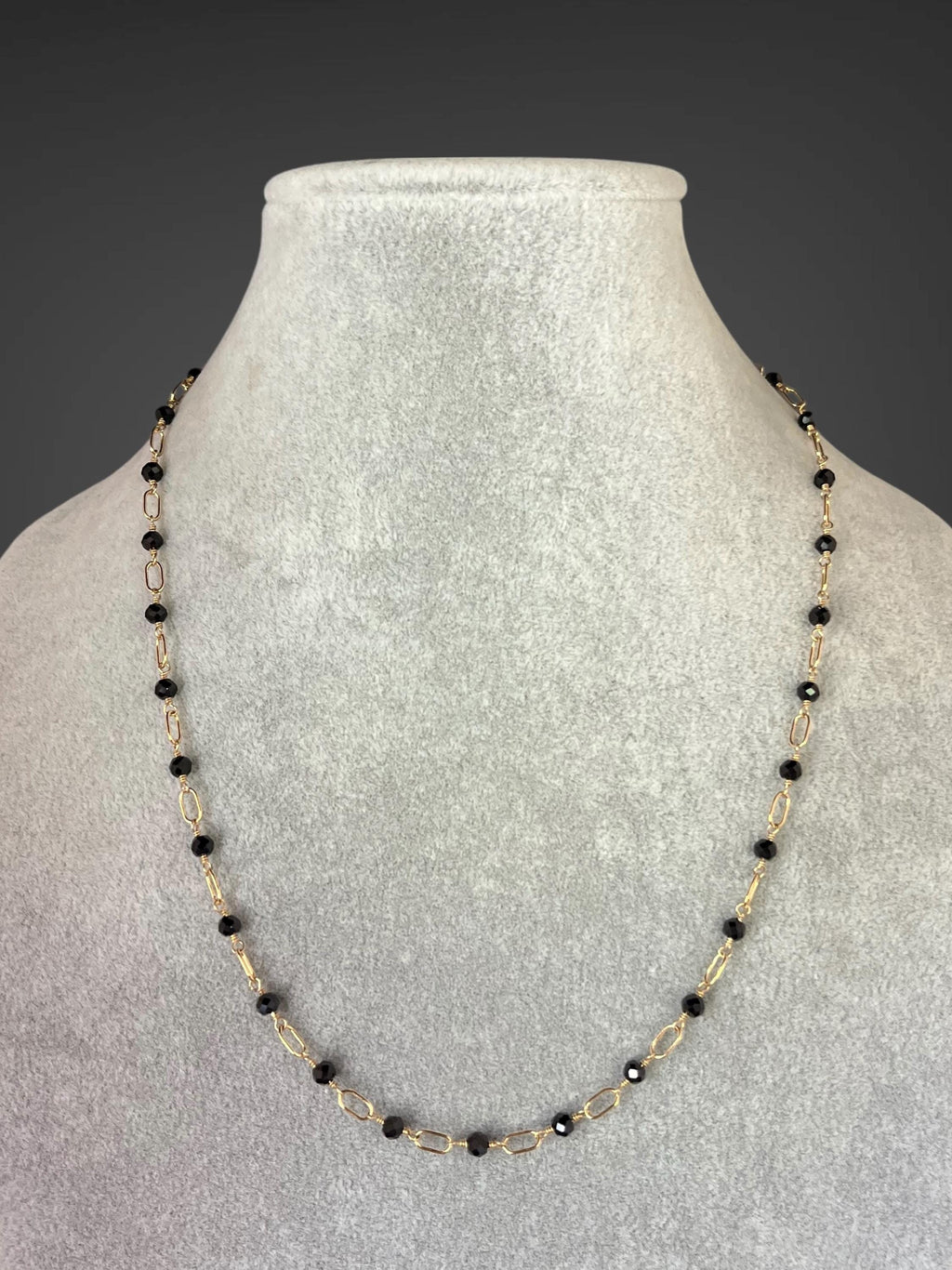 Black Spinel Station Necklace on Gold Filled Chain