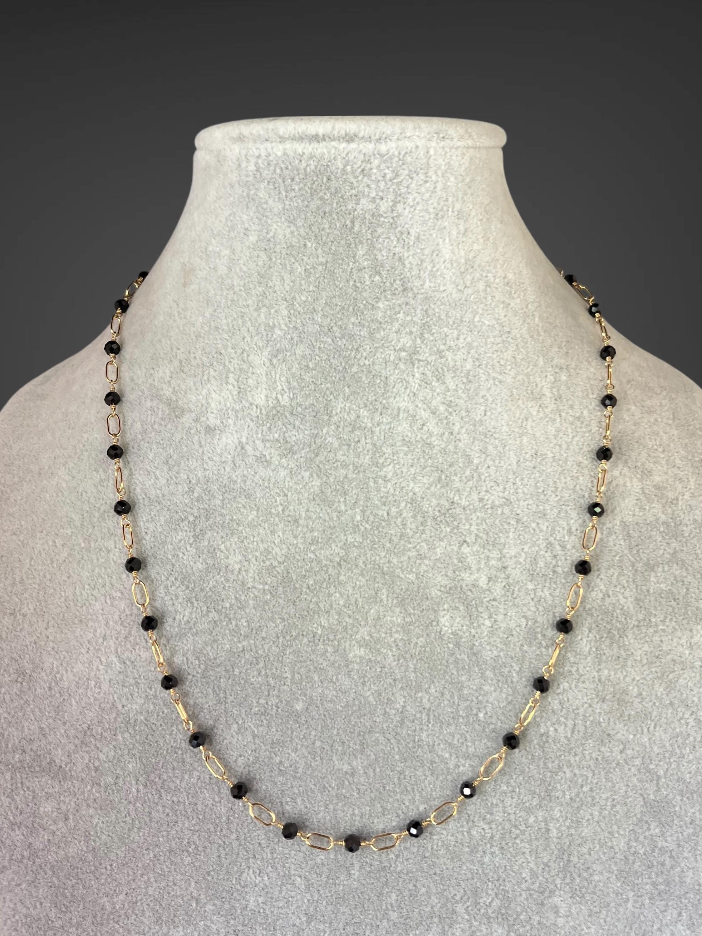 Black Spinel Station Necklace on Gold Filled Chain