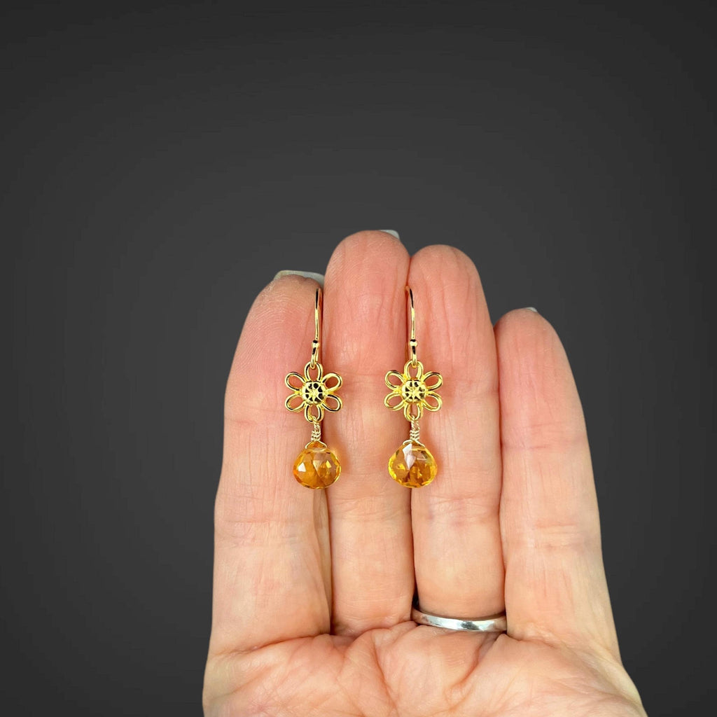 Citrine Quartz Teardrop Earrings on Gold Vermeil Flower Links