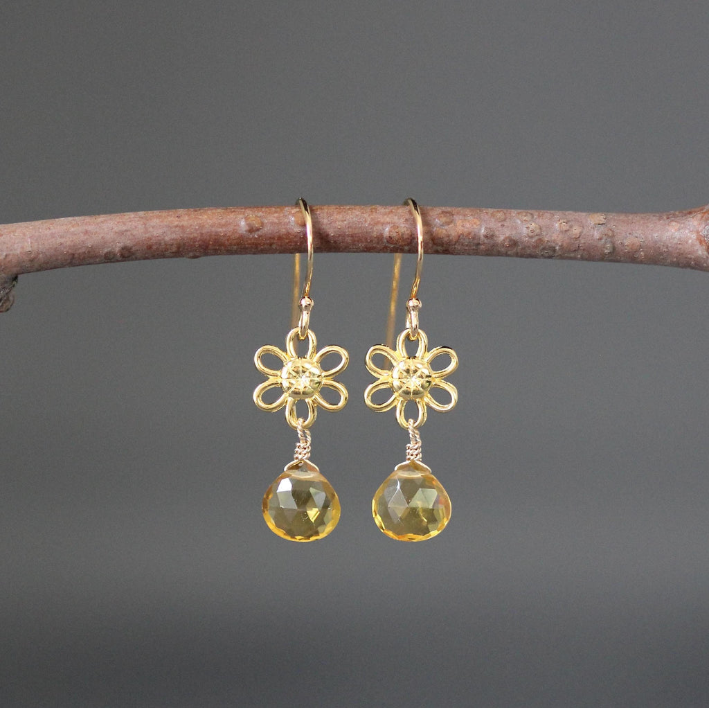 Citrine Quartz Teardrop Earrings on Gold Vermeil Flower Links