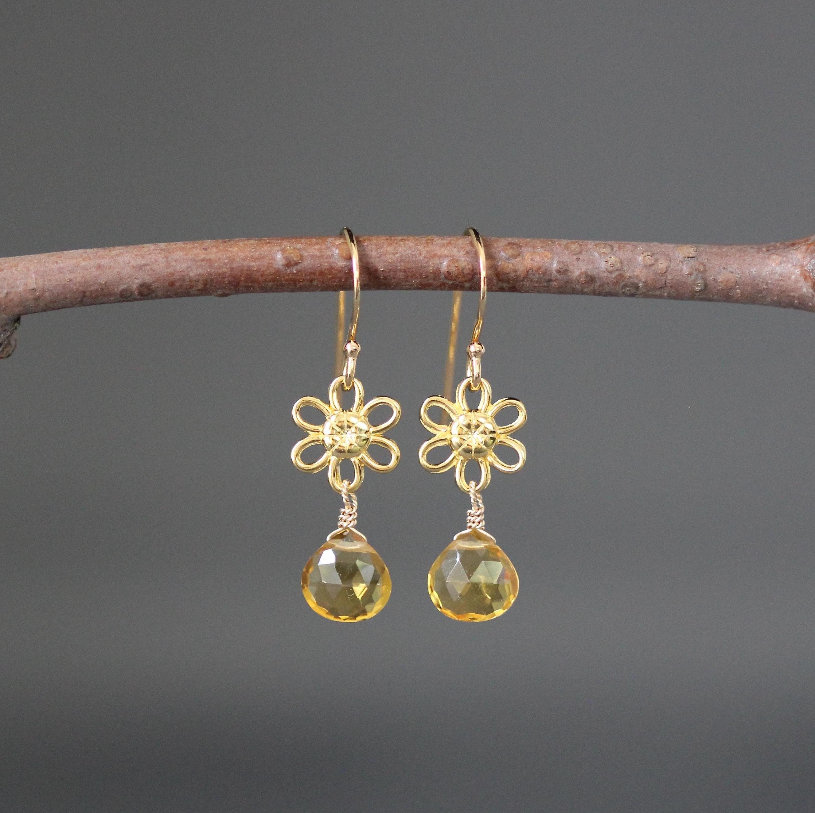 Citrine Quartz Teardrop Earrings on Gold Vermeil Flower Links