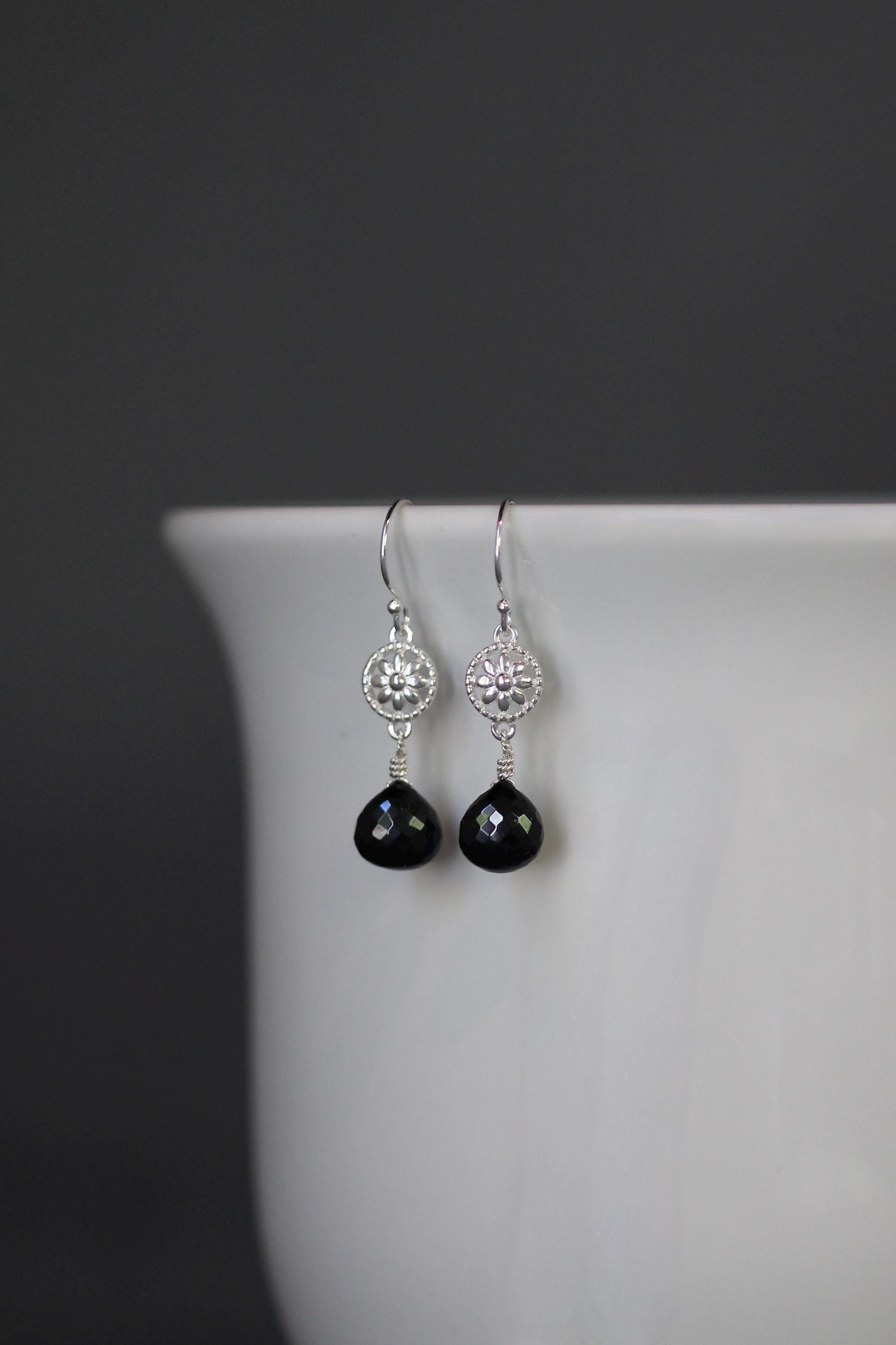 Black Spinel and Sterling Silver Bali Flower Link Dangle Earrings