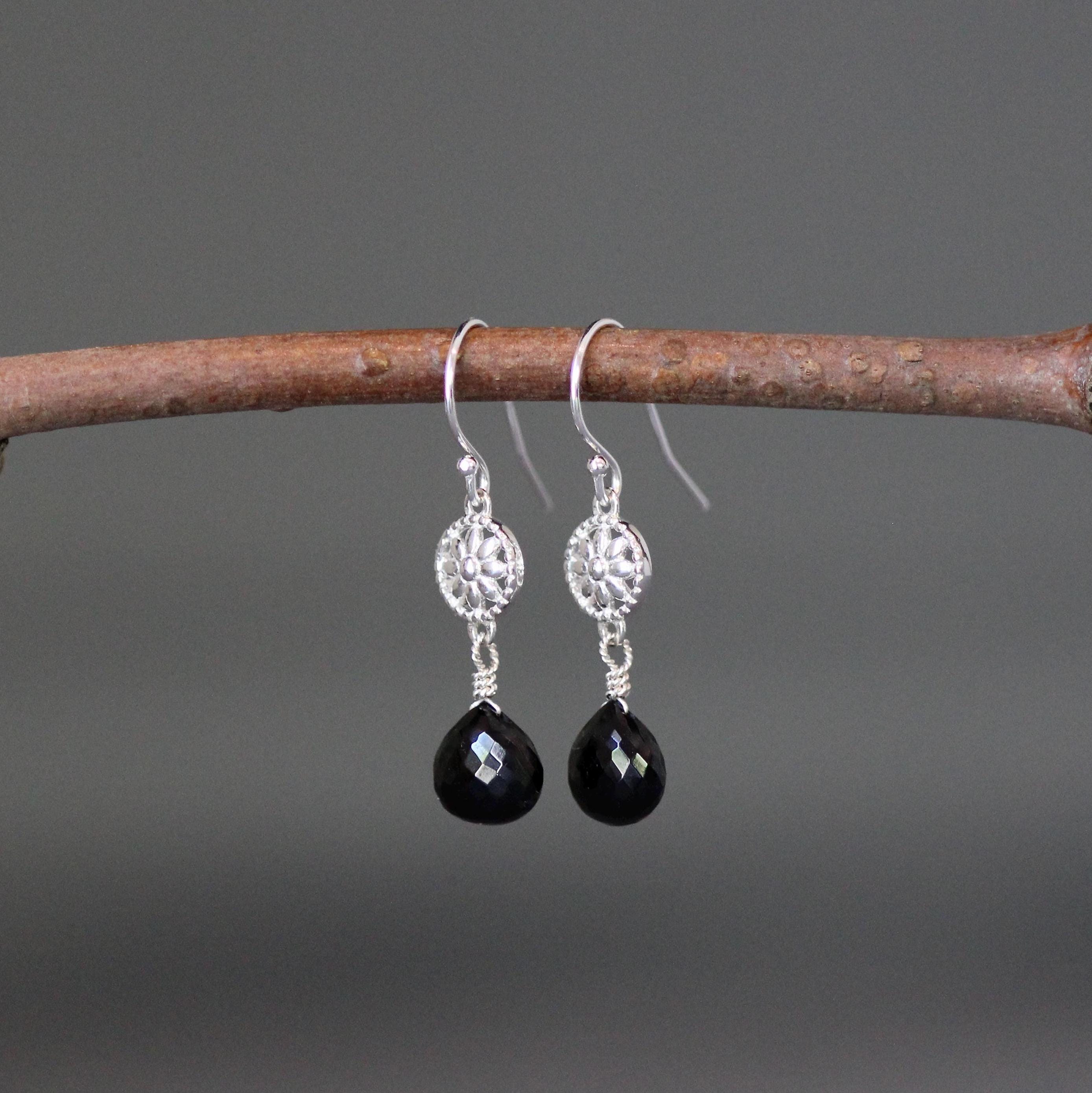 Black Spinel and Sterling Silver Bali Flower Link Dangle Earrings