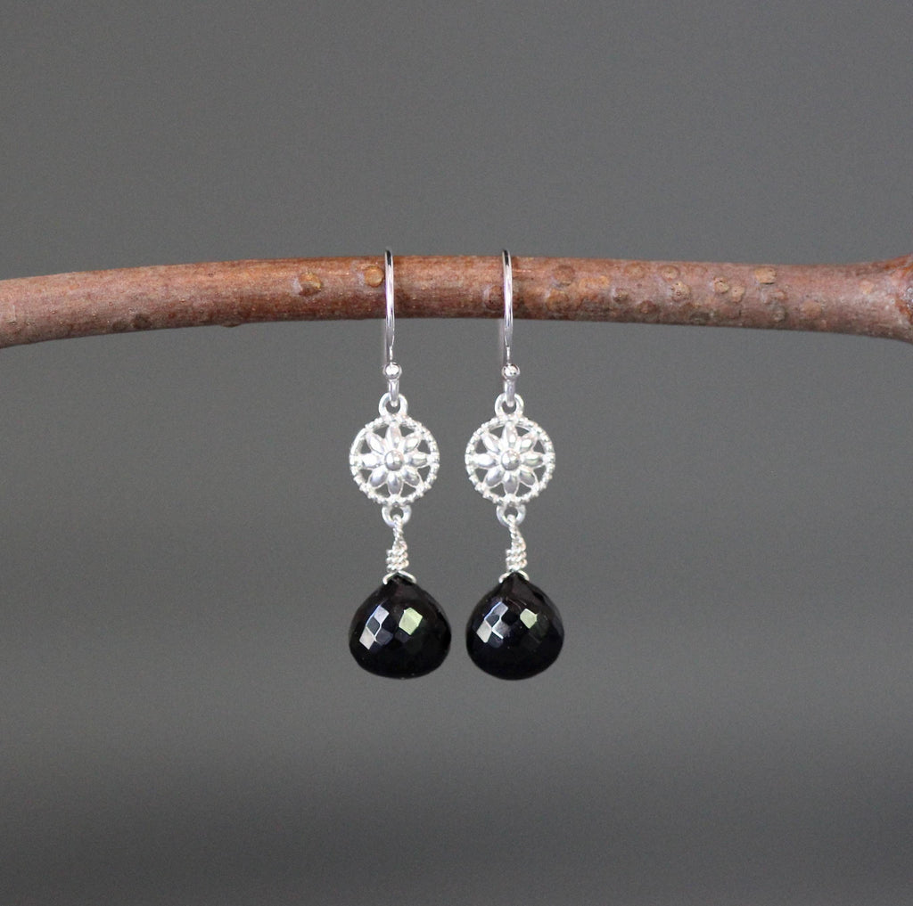 Black Spinel and Sterling Silver Bali Flower Link Dangle Earrings