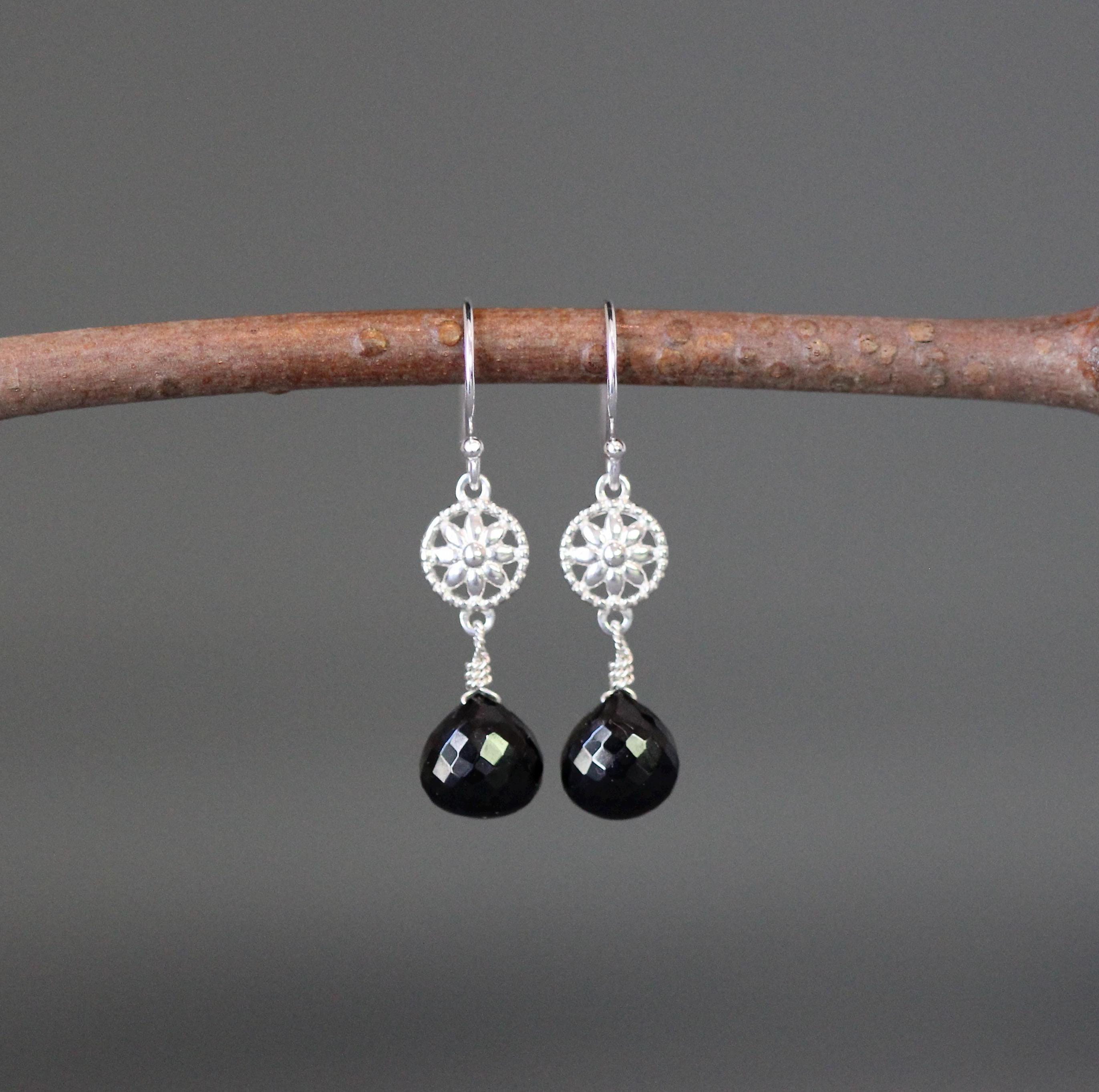 Black Spinel and Sterling Silver Bali Flower Link Dangle Earrings