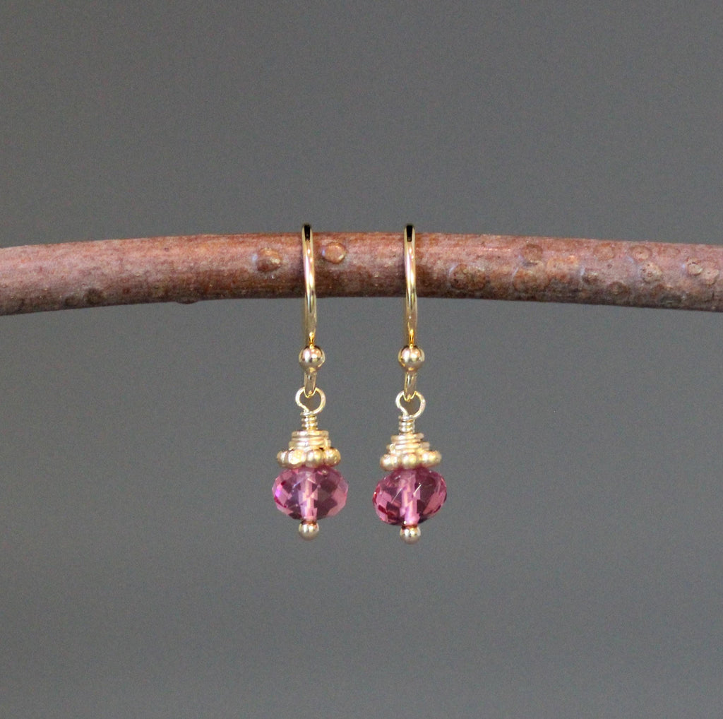 Hot Pink Quartz Button Earrings with Gold Vermeil Caps