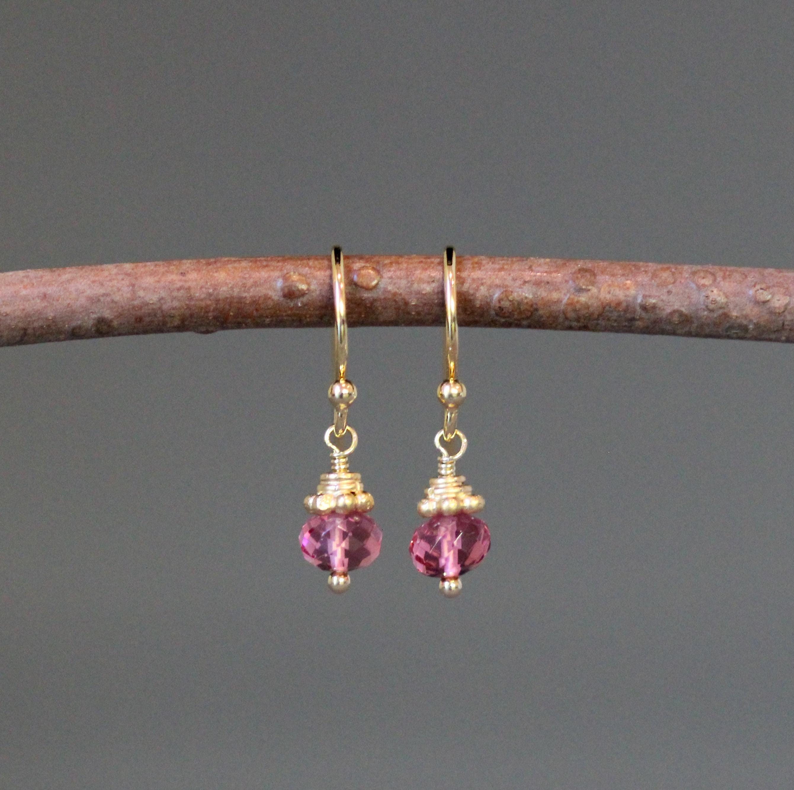 Hot Pink Quartz Button Earrings with Gold Vermeil Caps