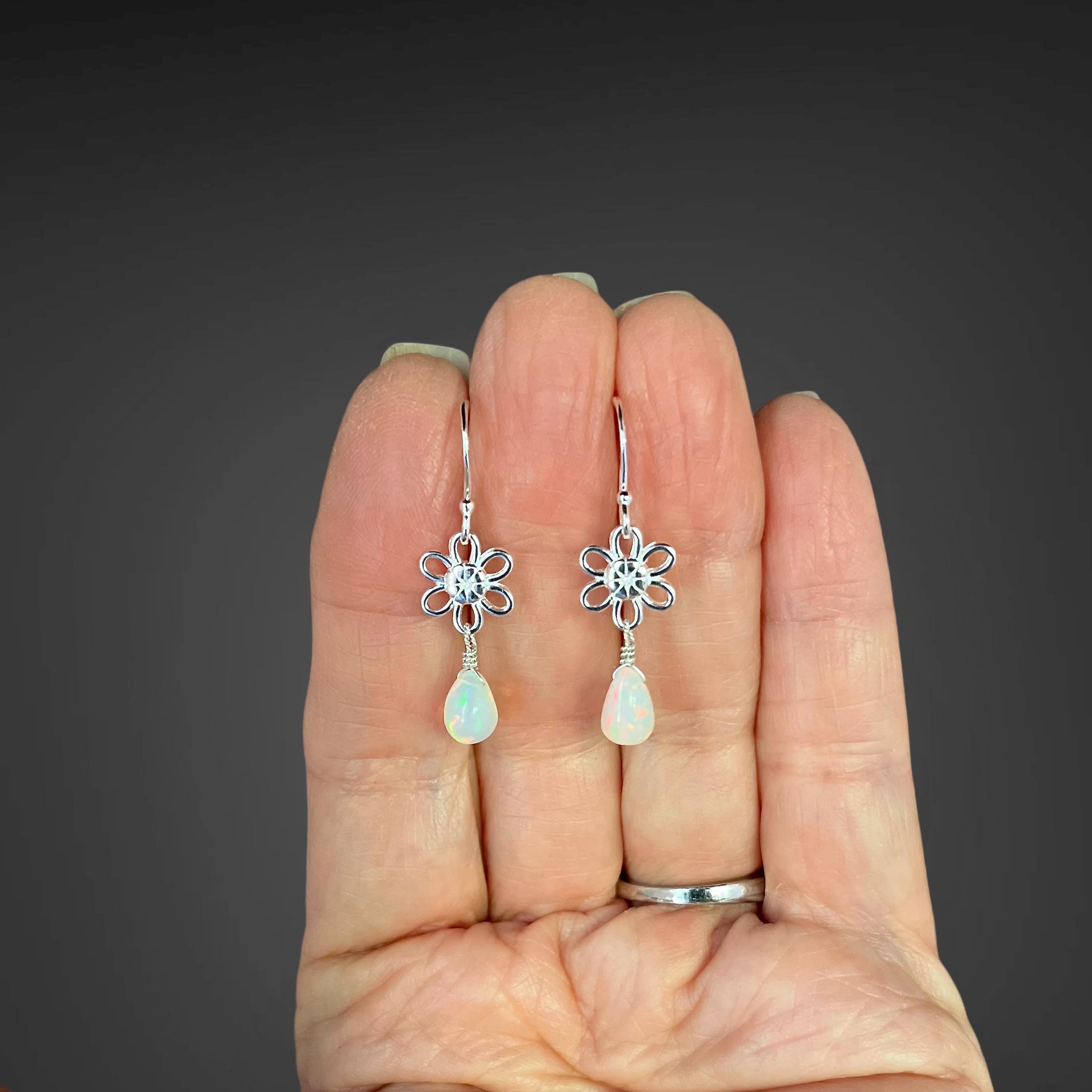 Ethiopian Opal Teardrop Earrings on Silver Flower Links