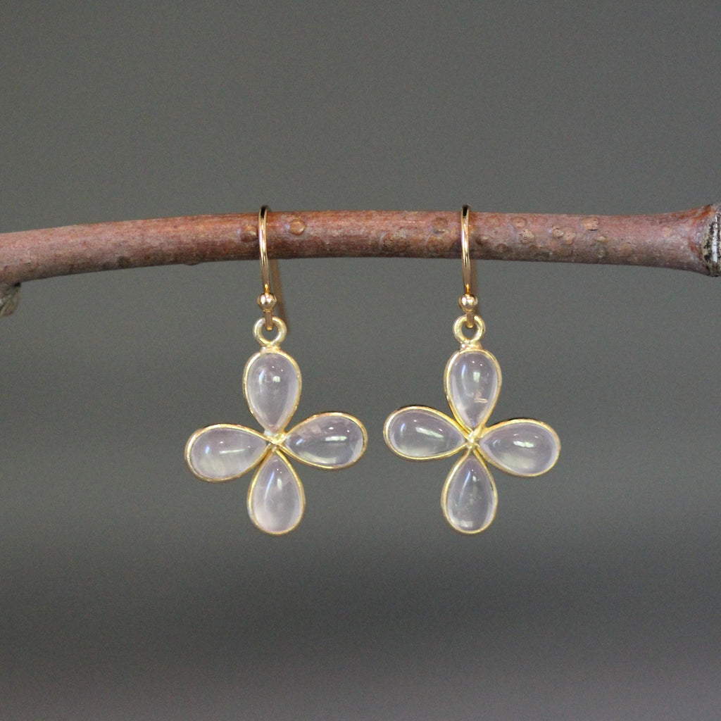 Rose Quartz Teardrop in Gold Vermeil Flower Charm Earrings