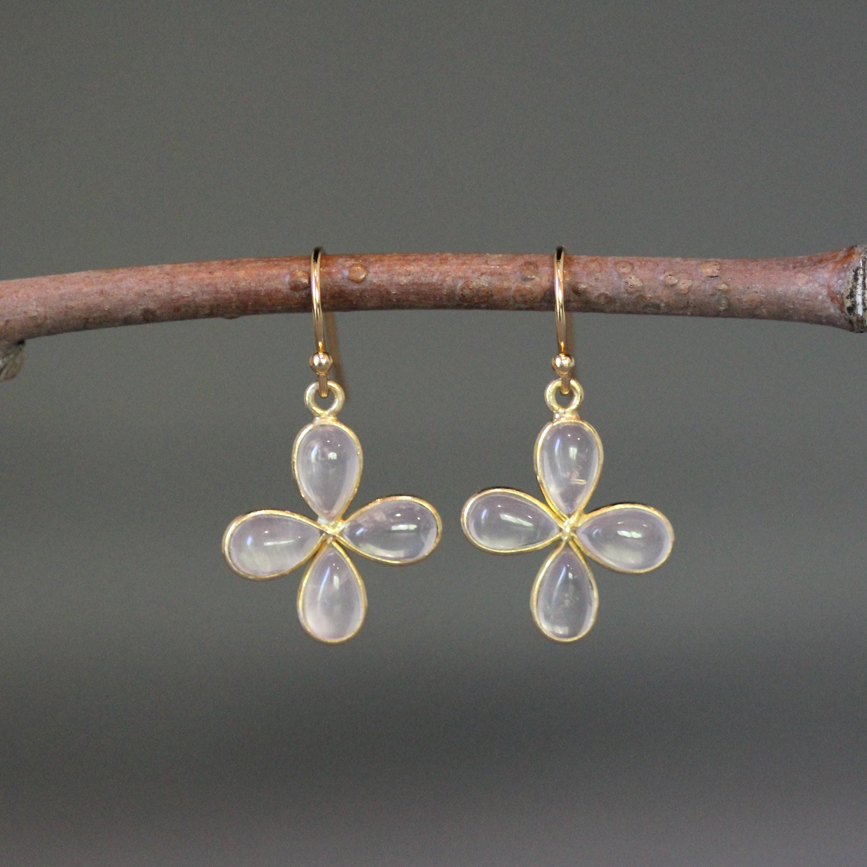 Rose Quartz Teardrop in Gold Vermeil Flower Charm Earrings