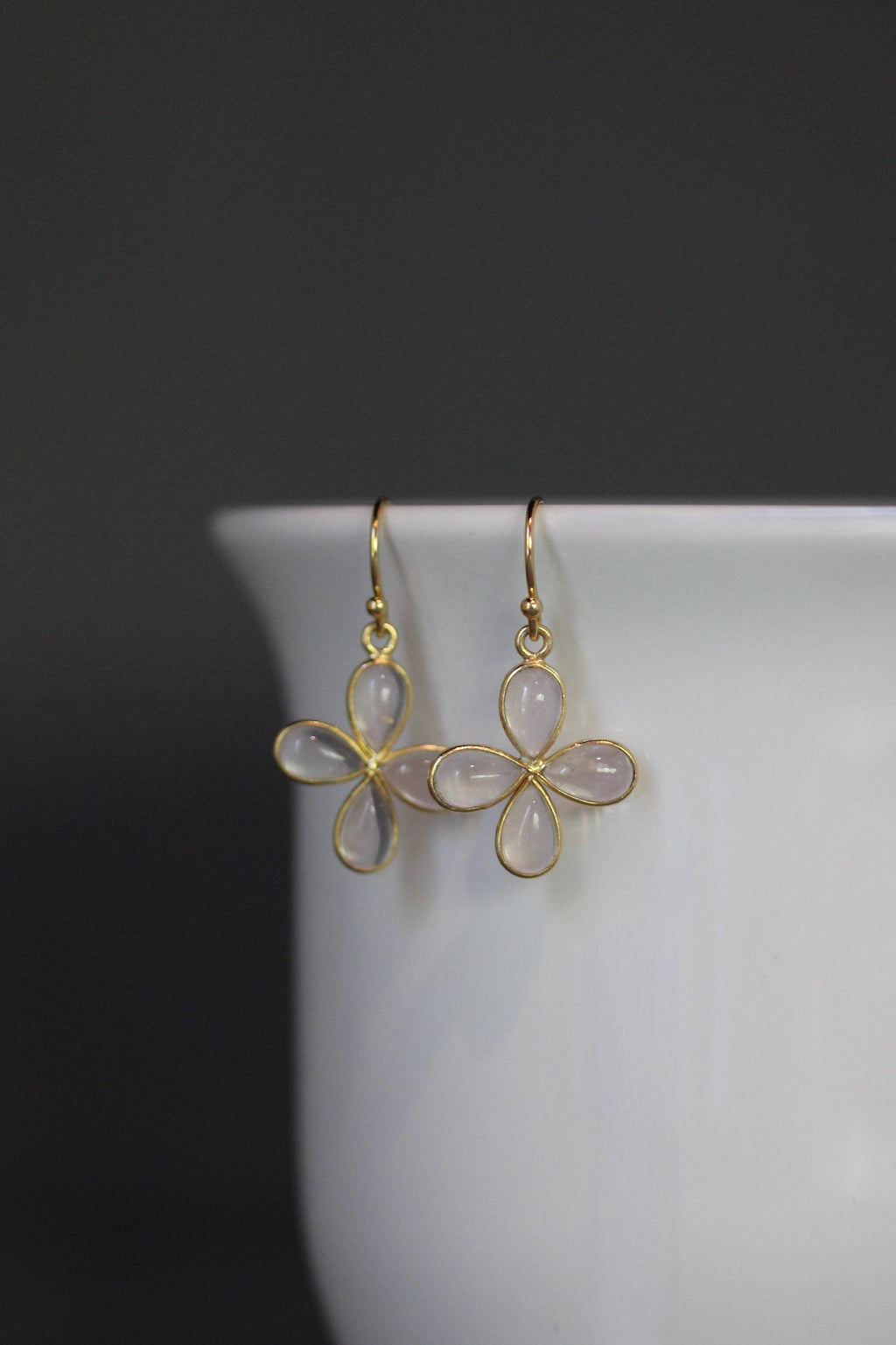 Rose Quartz Teardrop in Gold Vermeil Flower Charm Earrings
