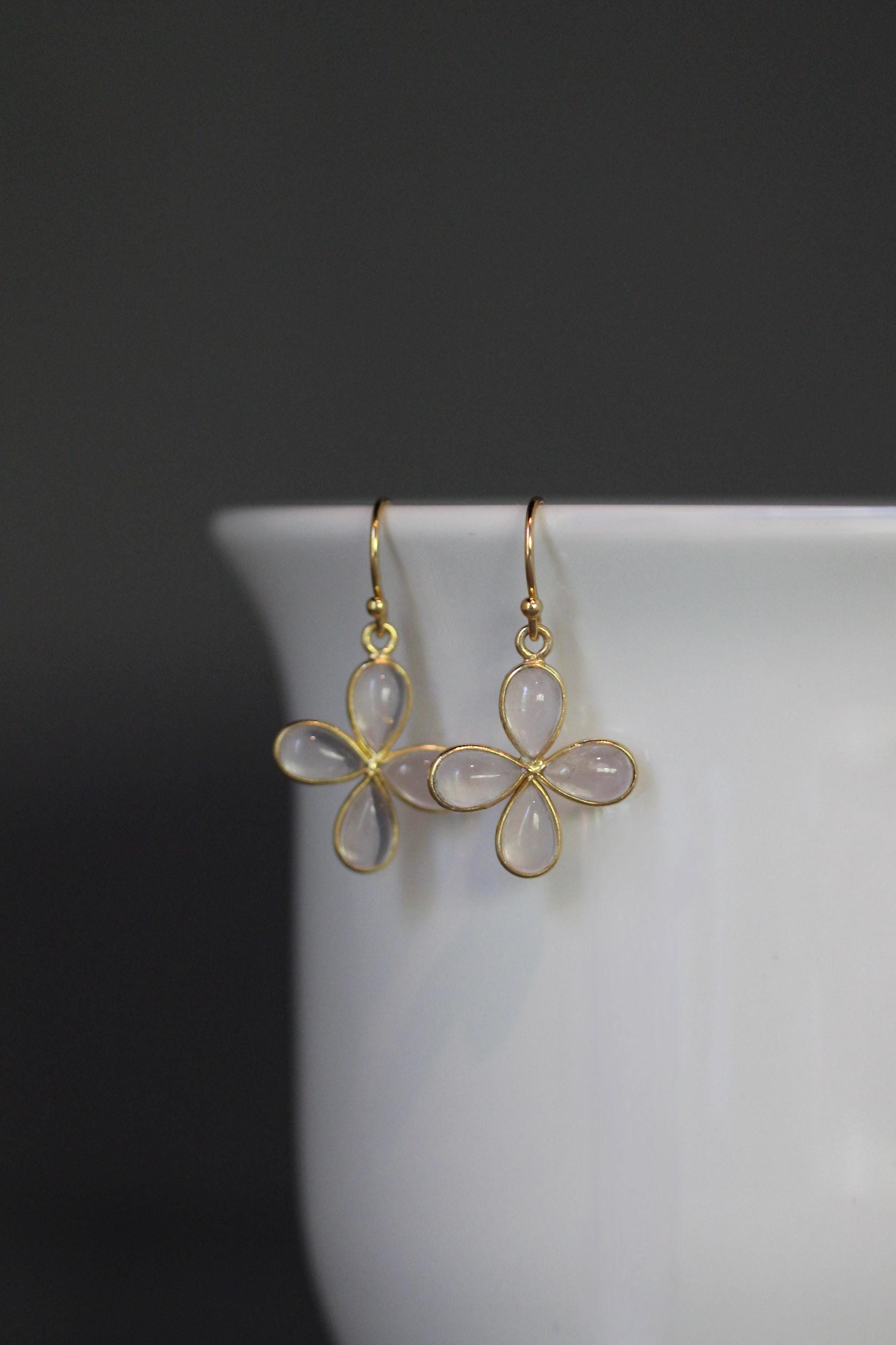 Rose Quartz Teardrop in Gold Vermeil Flower Charm Earrings