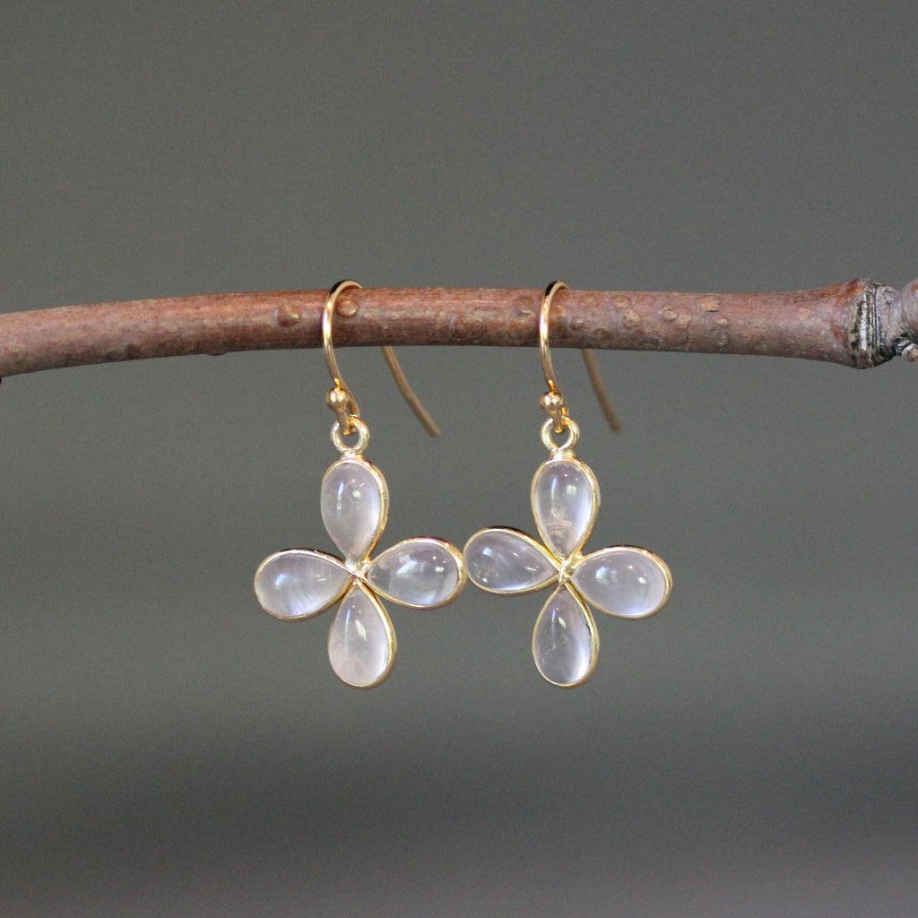 Rose Quartz Teardrop in Gold Vermeil Flower Charm Earrings