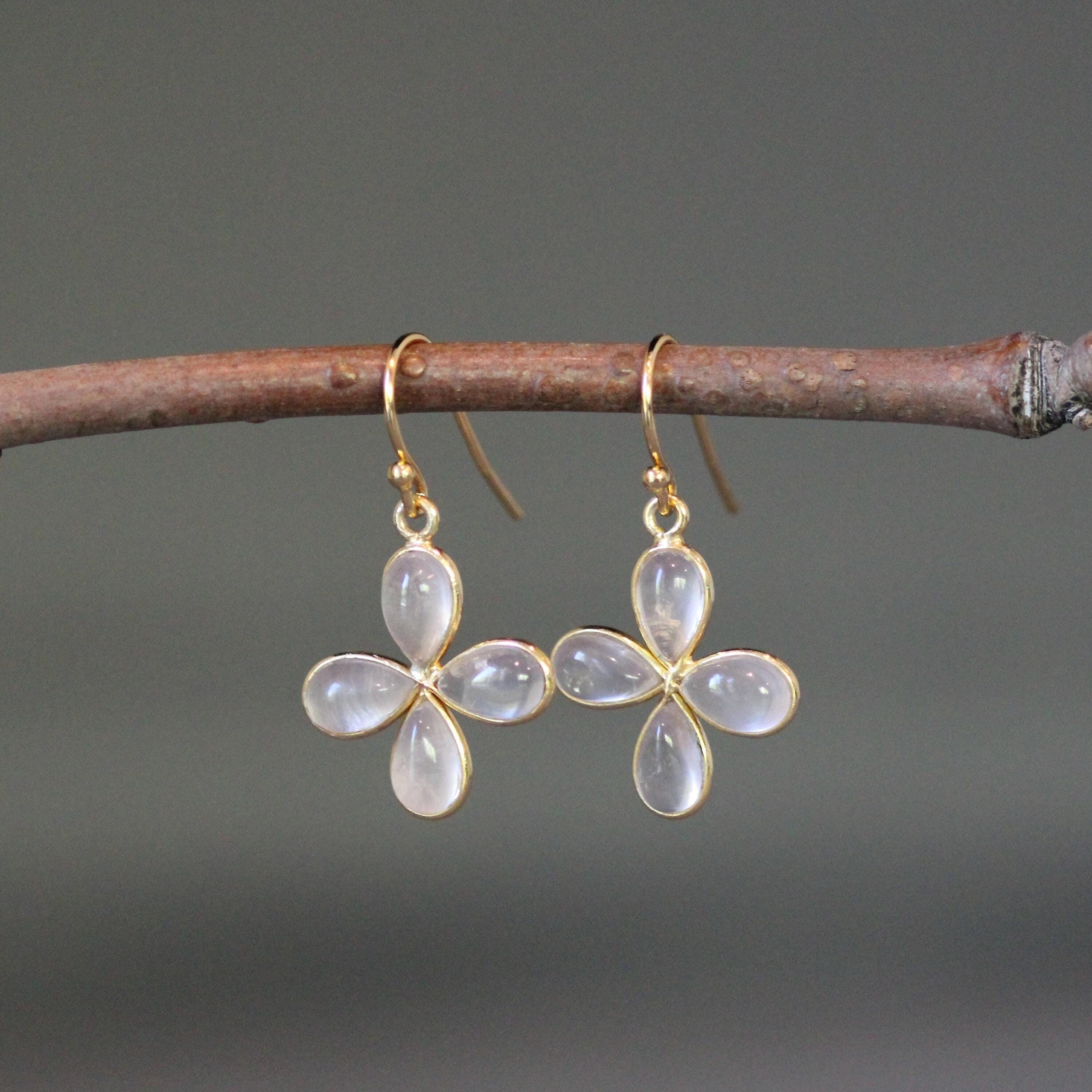 Rose Quartz Teardrop in Gold Vermeil Flower Charm Earrings