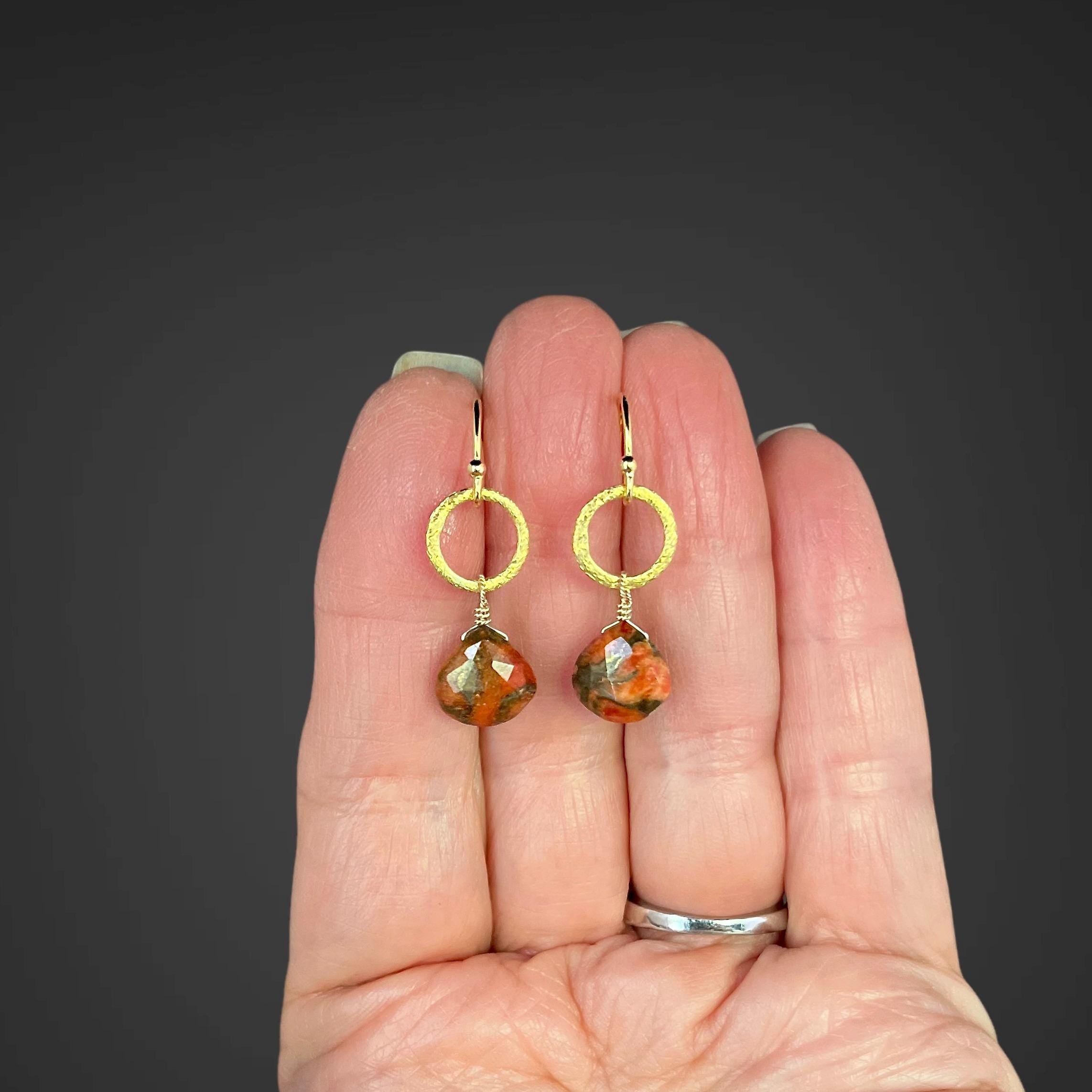Orange Copper Turquoise and Gold Vermeil Circle Link Dangle Earrings