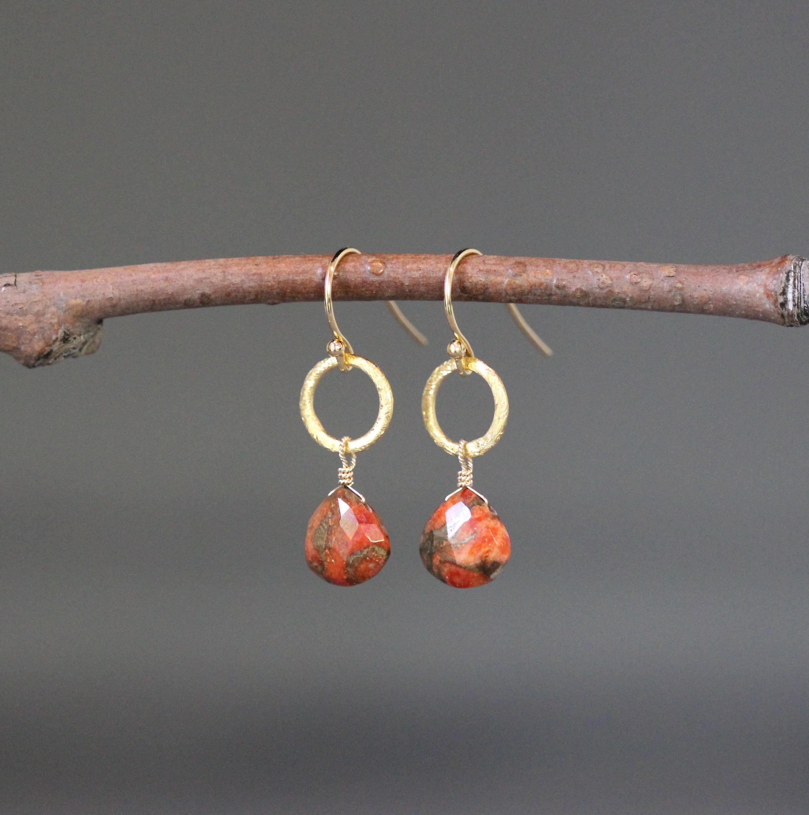 Orange Copper Turquoise and Gold Vermeil Circle Link Dangle Earrings