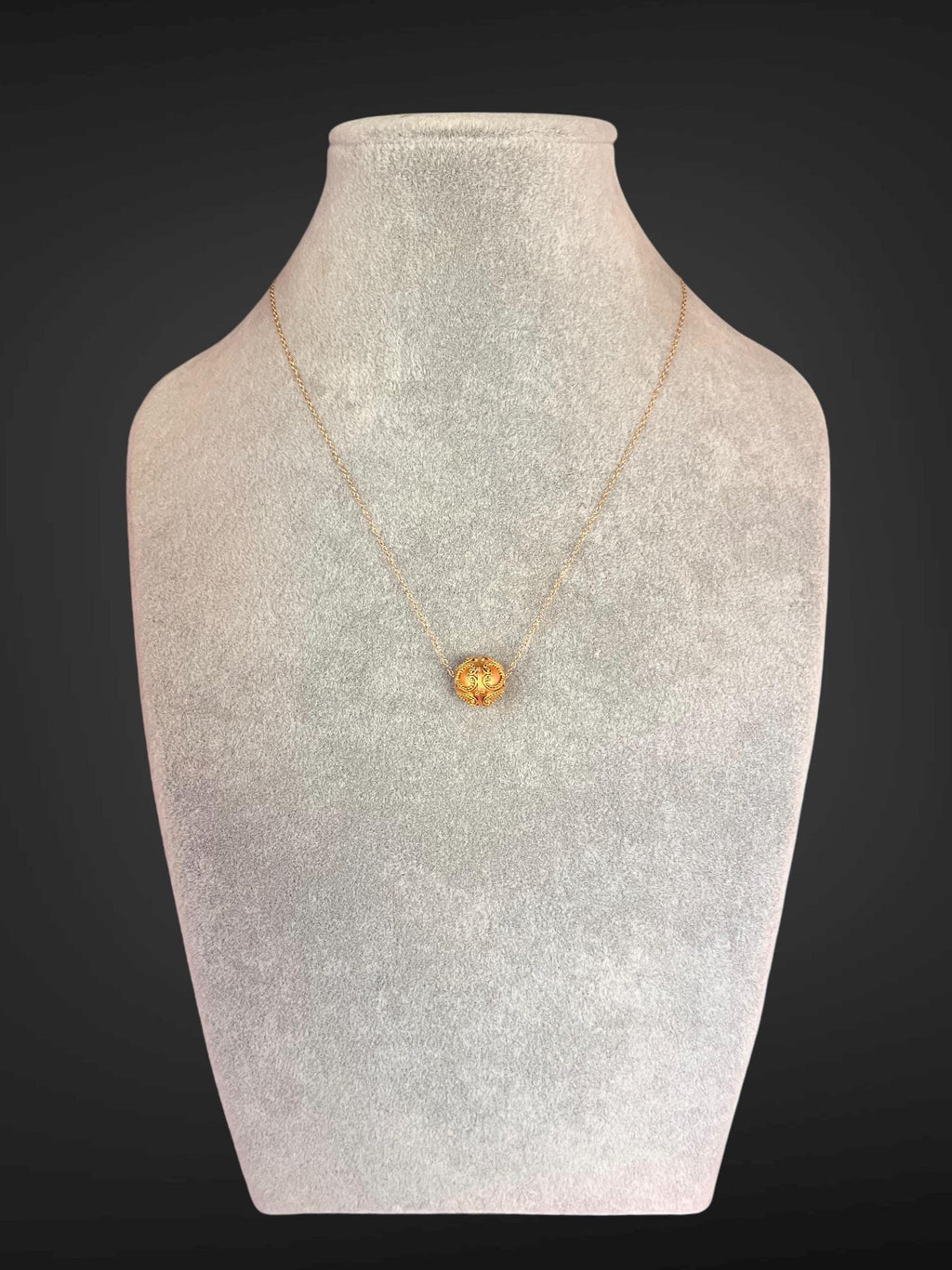 Matte Gold Vermeil Filigree Bead Pendant Necklace on a Gold Filled Chain