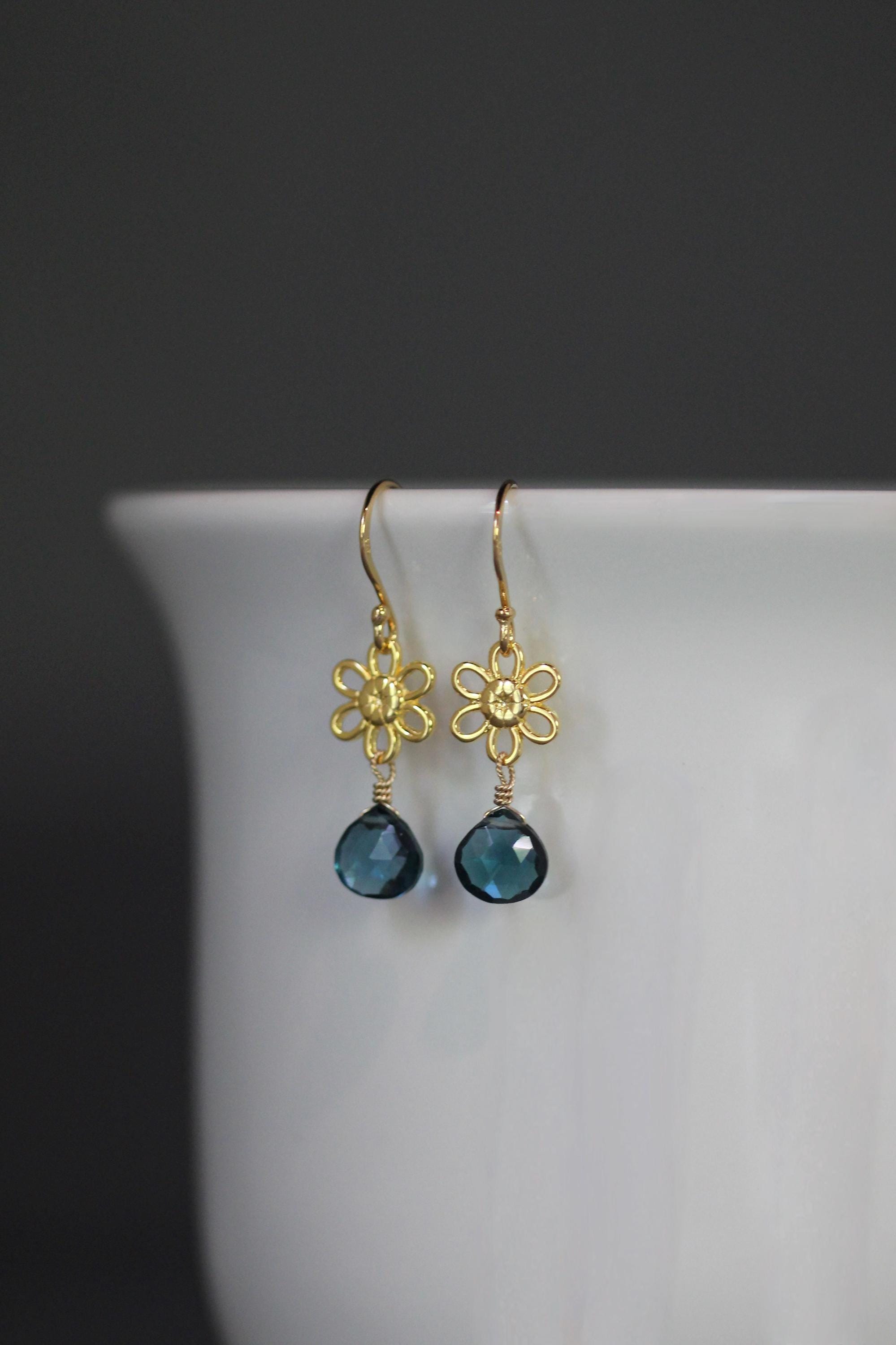 London Blue Topaz Teardrop Earrings on Gold Vermeil Flower Links