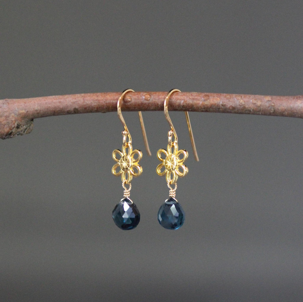 London Blue Topaz Teardrop Earrings on Gold Vermeil Flower Links