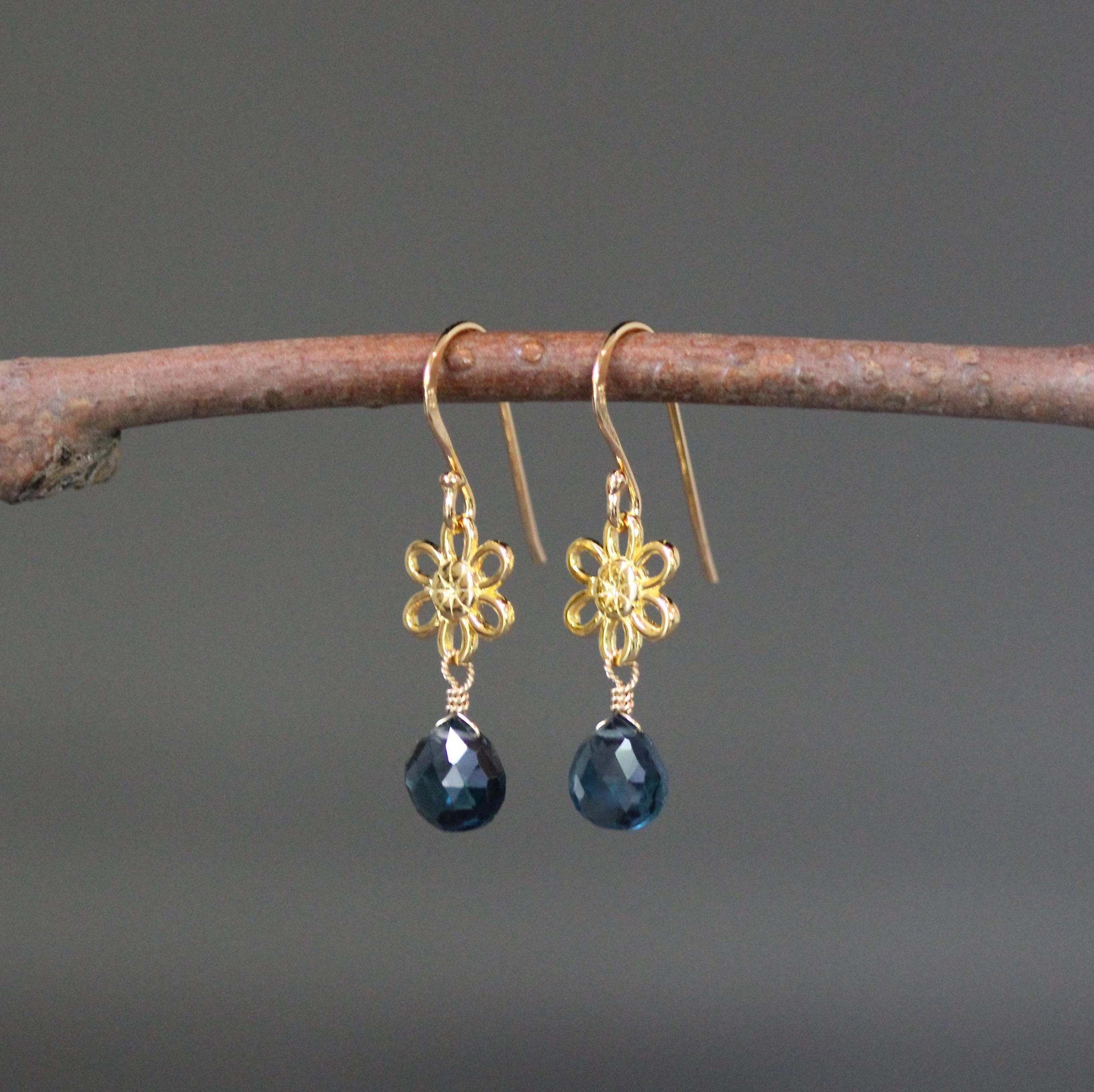 London Blue Topaz Teardrop Earrings on Gold Vermeil Flower Links