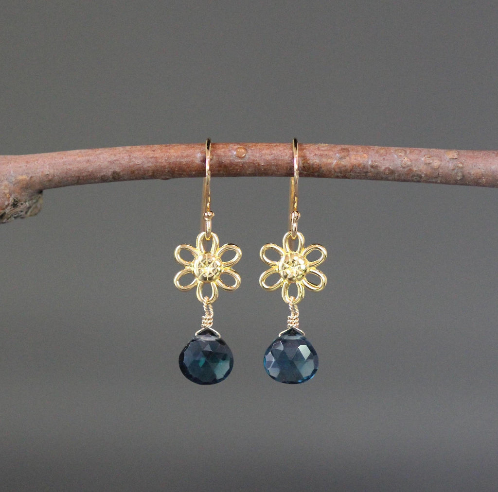 London Blue Topaz Teardrop Earrings on Gold Vermeil Flower Links