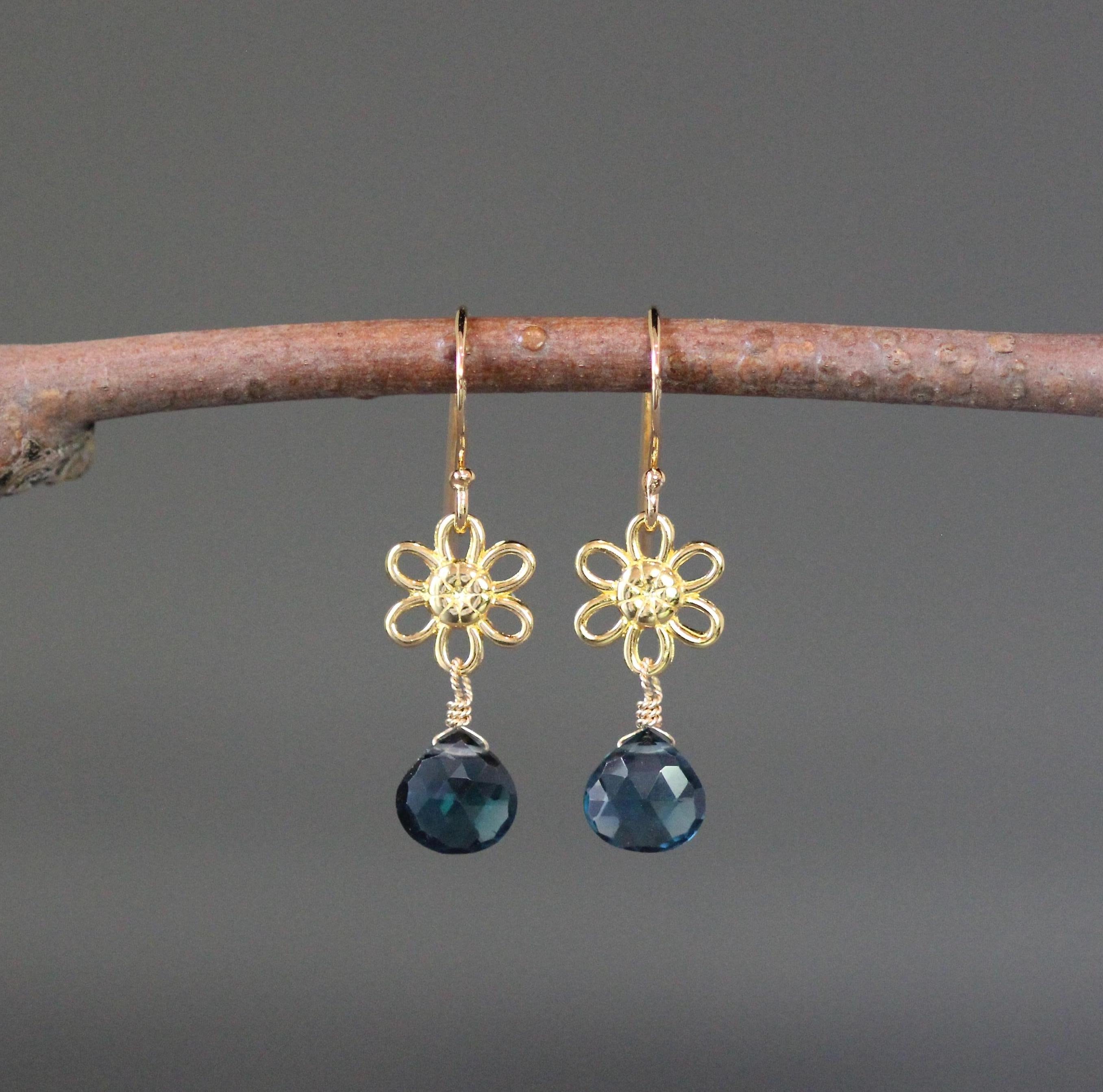 London Blue Topaz Teardrop Earrings on Gold Vermeil Flower Links
