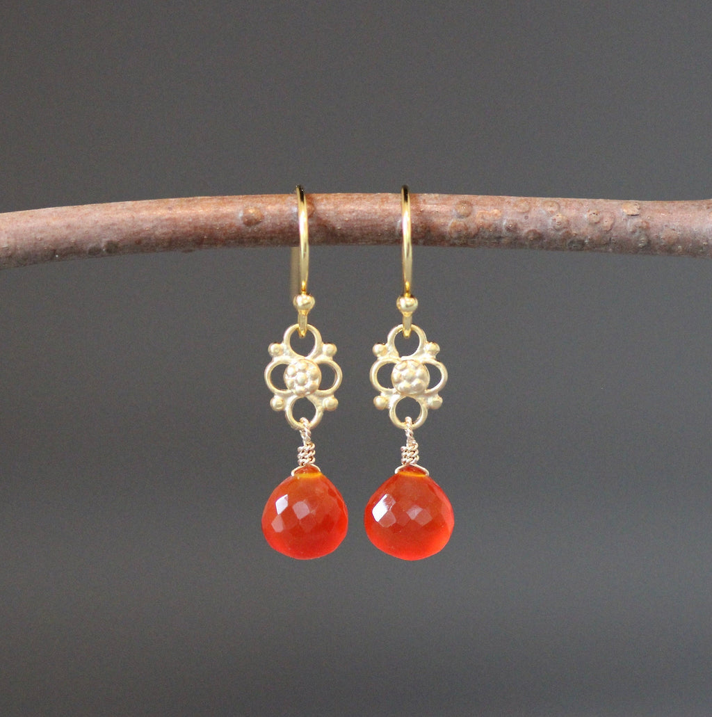 Carnelian Teardrop Dangle Earrings on Matte Gold Vermeil Links