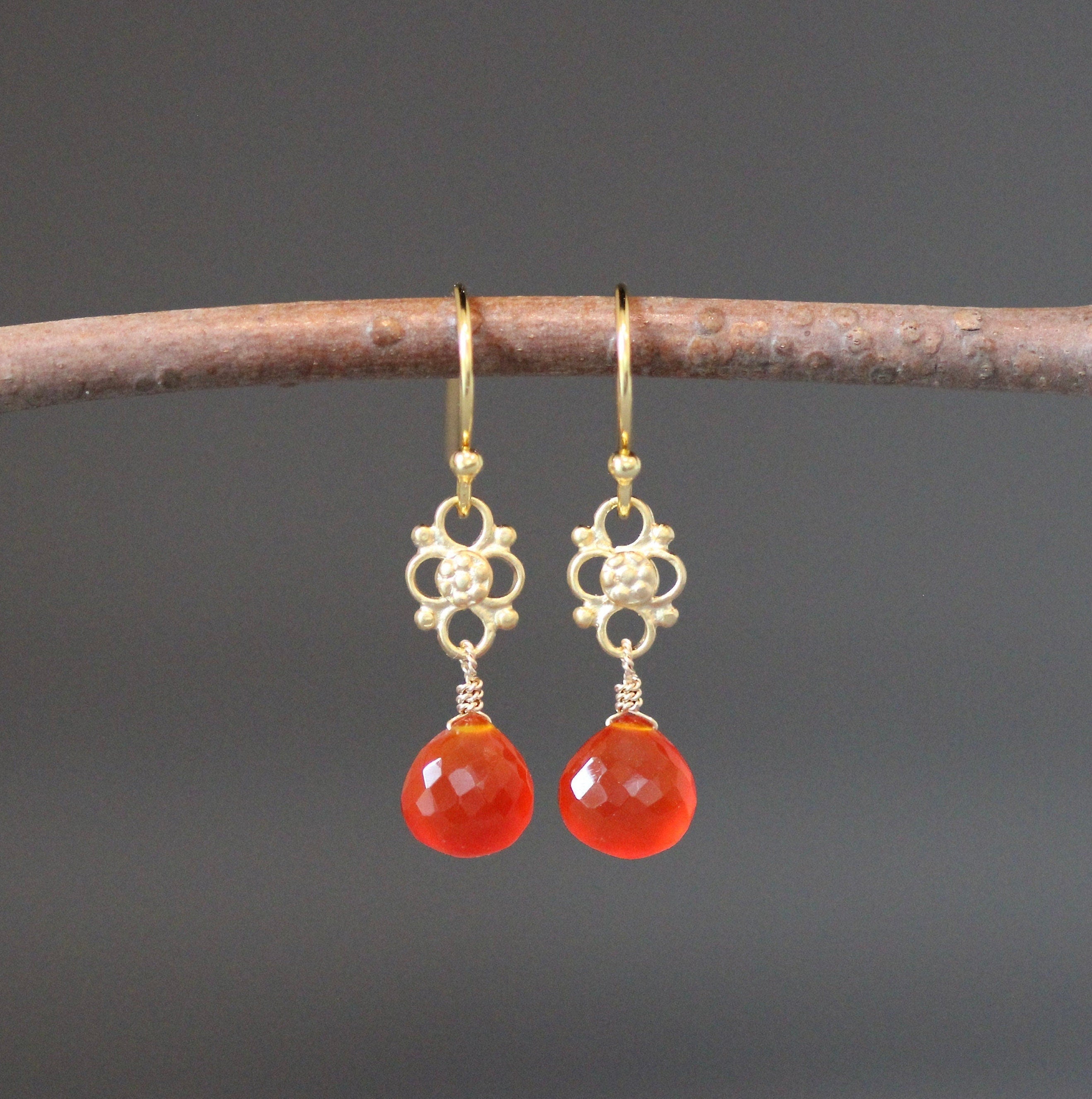 Carnelian Teardrop Dangle Earrings on Matte Gold Vermeil Links