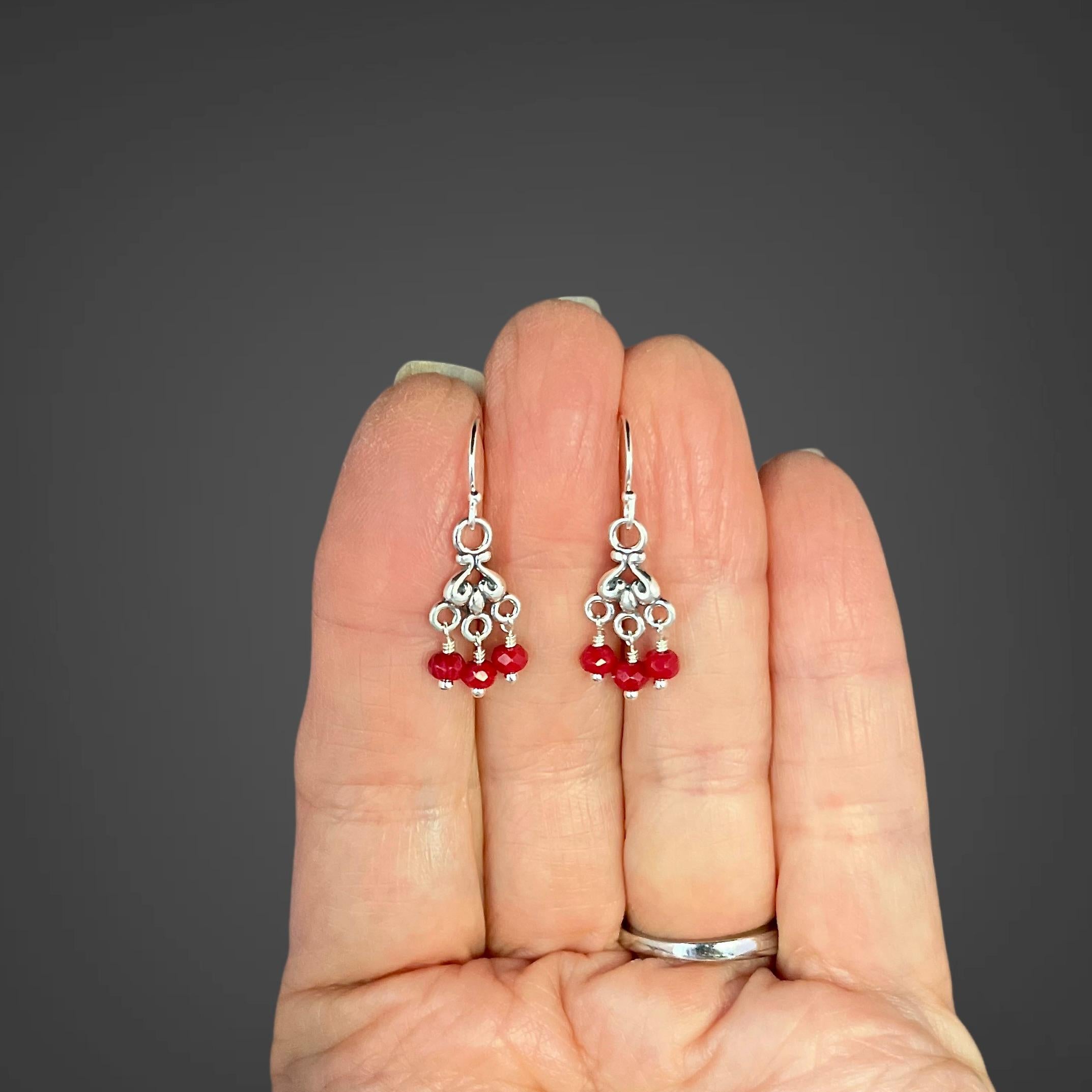 Red Coral and Sterling Silver Bali Chandelier Dangle Earrings