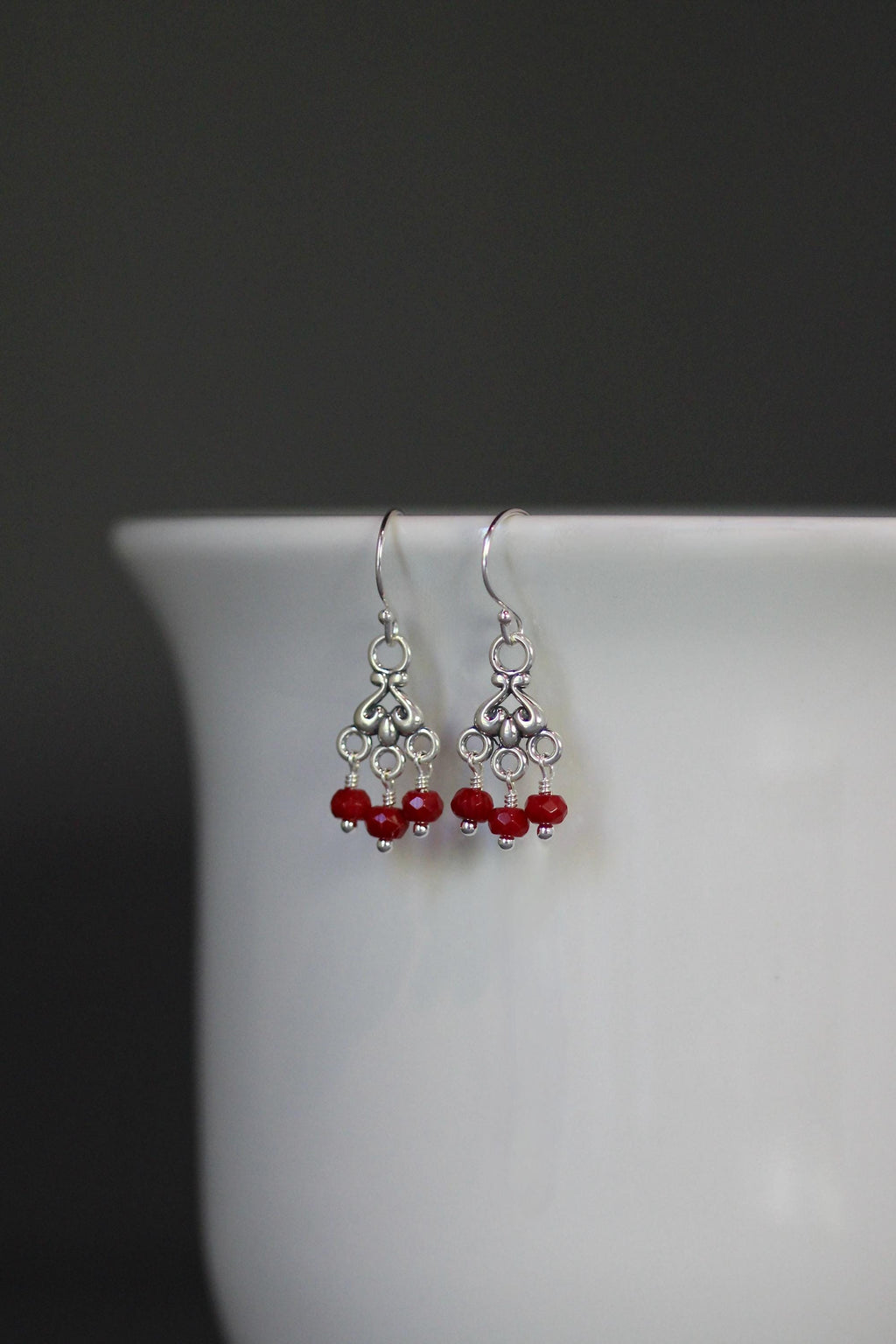 Red Coral and Sterling Silver Bali Chandelier Dangle Earrings