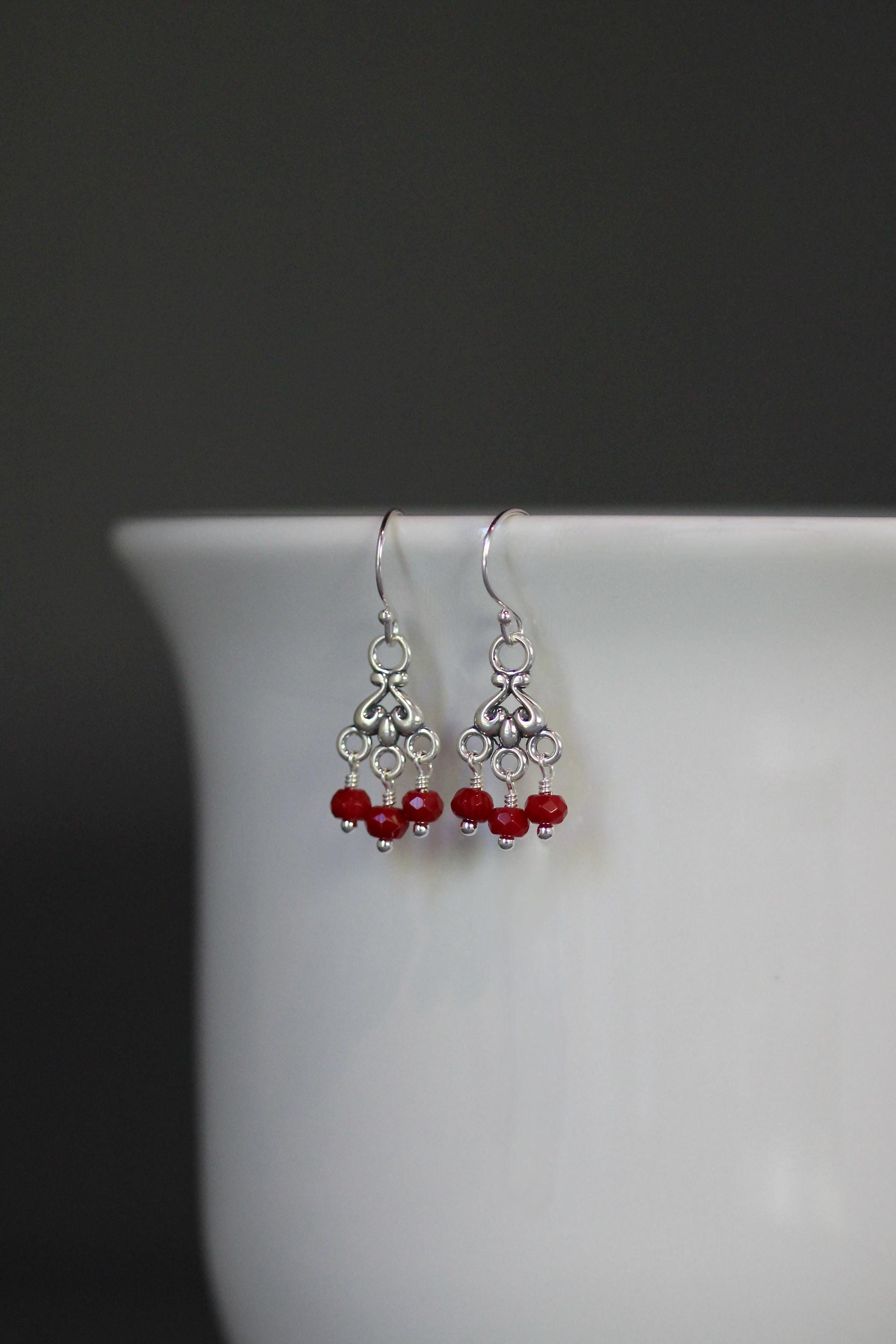 Red Coral and Sterling Silver Bali Chandelier Dangle Earrings