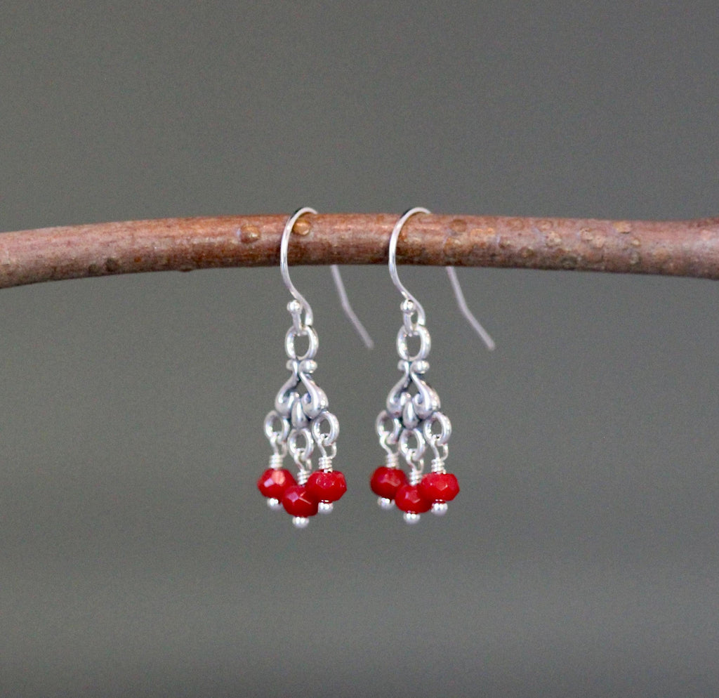 Red Coral and Sterling Silver Bali Chandelier Dangle Earrings