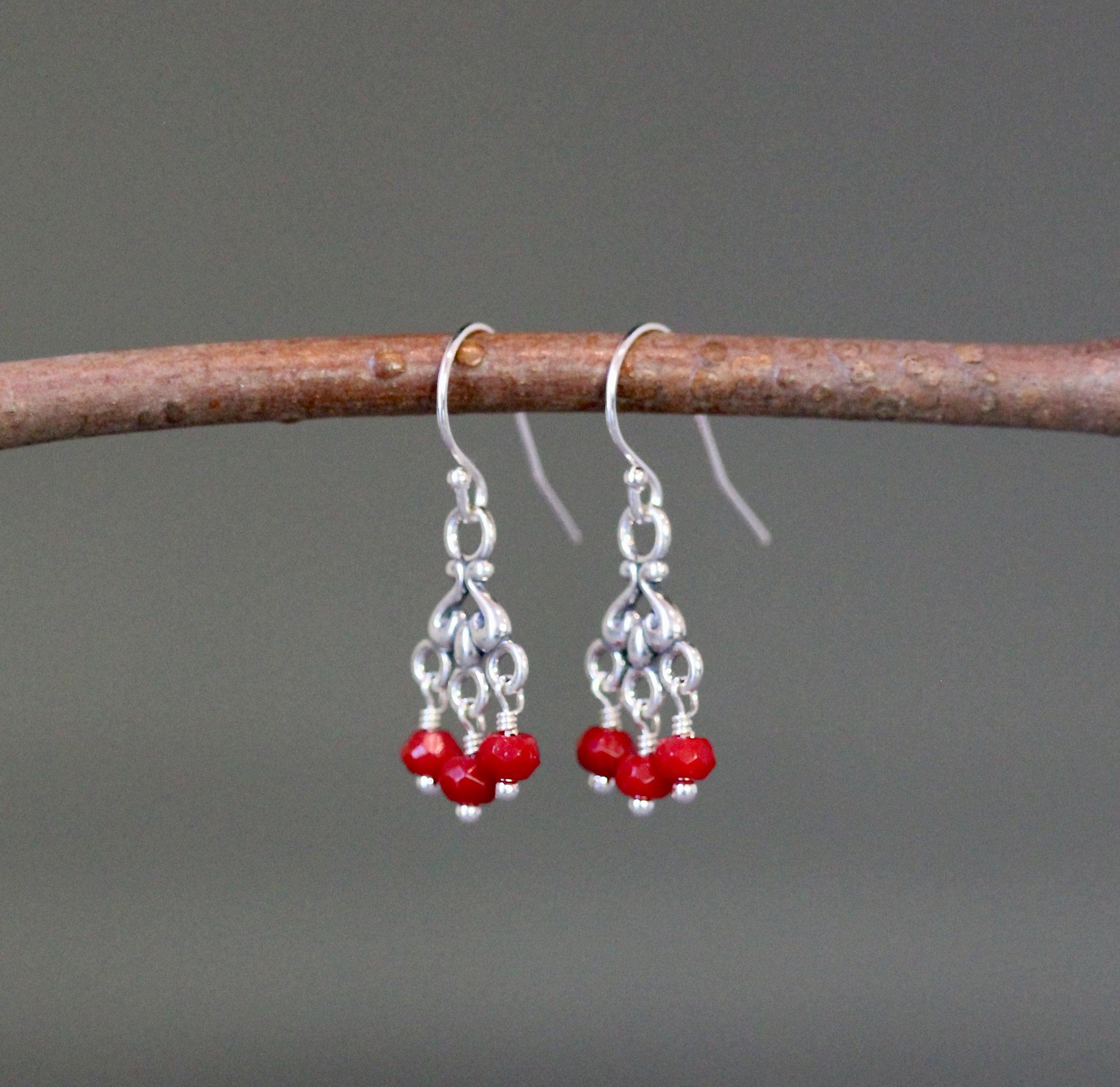 Red Coral and Sterling Silver Bali Chandelier Dangle Earrings