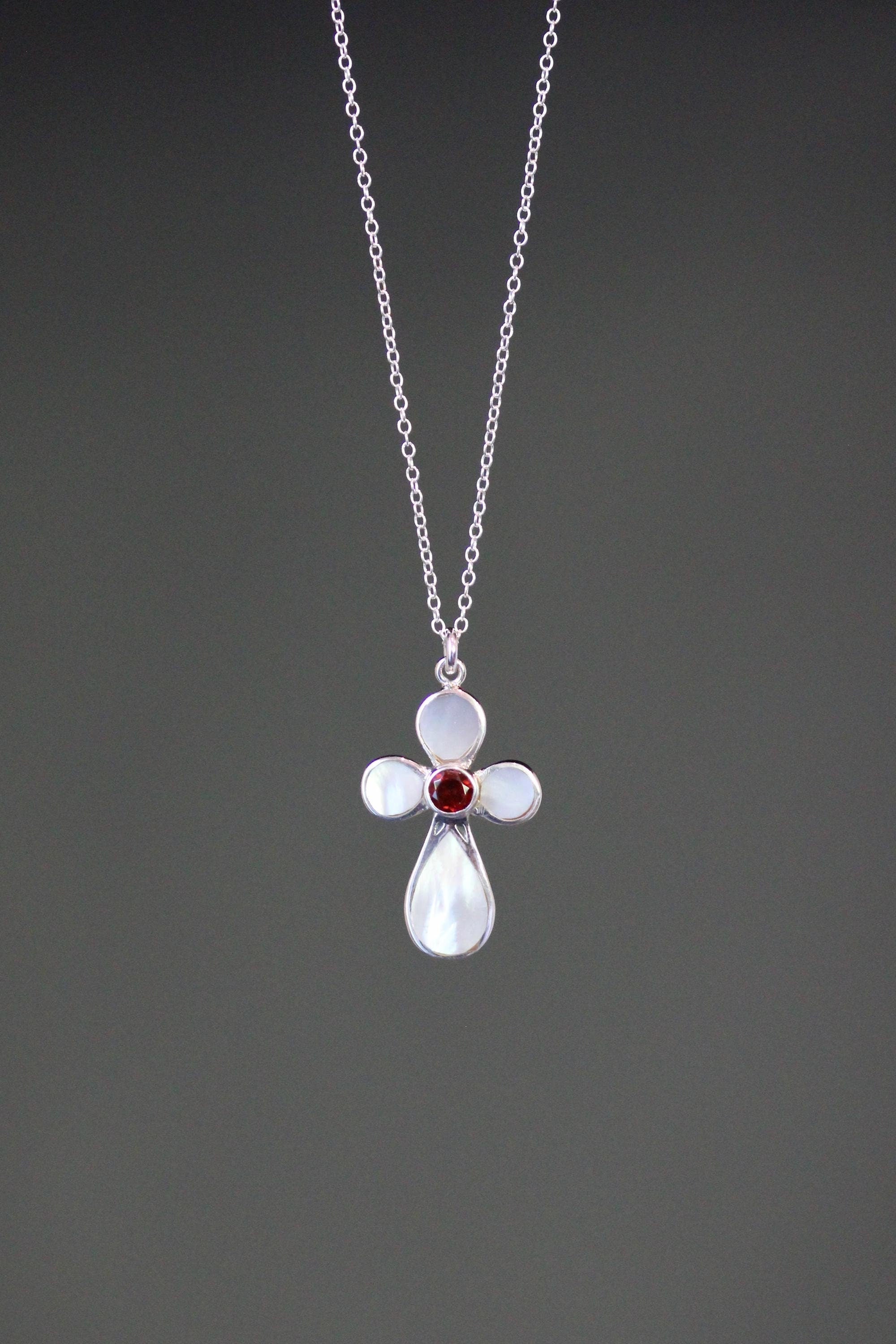 Garnet and Mother of Pearl Bali Sterling Silver Cross Pendant Necklace