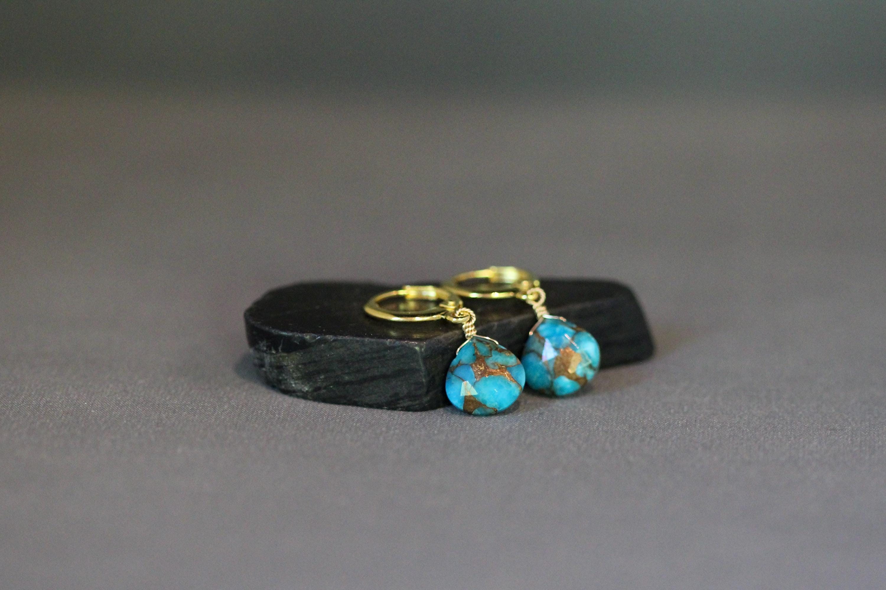 Blue Copper Turquoise Teardrop Earrings on Gold Vermeil Leverback Huggie Hoops