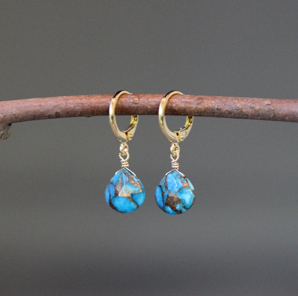Blue Copper Turquoise Teardrop Earrings on Gold Vermeil Leverback Huggie Hoops