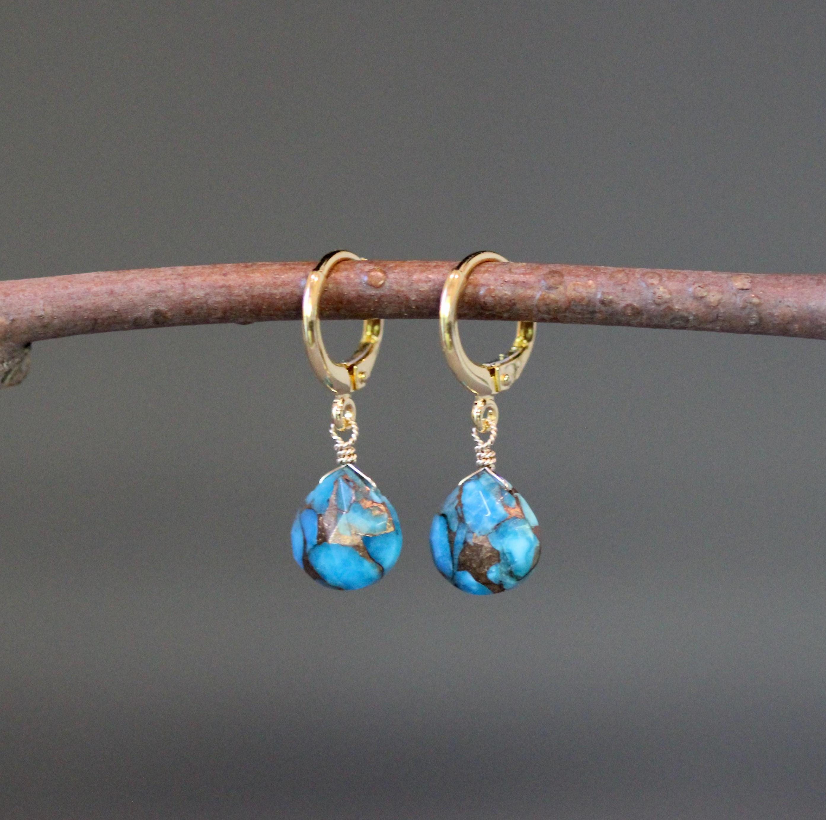 Blue Copper Turquoise Teardrop Earrings on Gold Vermeil Leverback Huggie Hoops